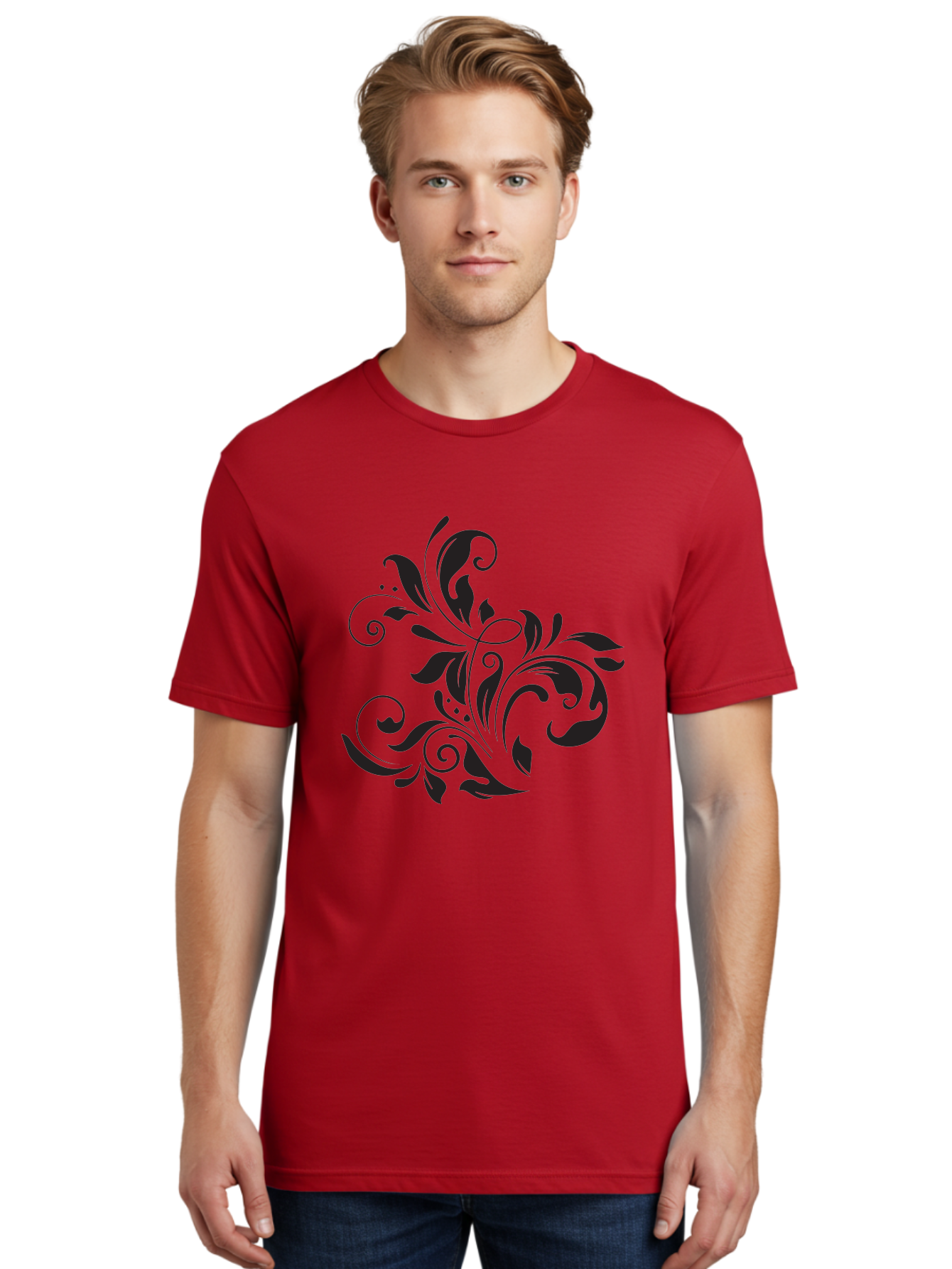Black-Floral-Pattern Men'S Graphic Tee, 100% Cotton, Comfortable Casual Summer Wear, Machine Washable, Black Floral Pattern, Swirling Leaves, Ornate Design, Decorative Elements, Intricate Details, Elegant Graphics Aac519