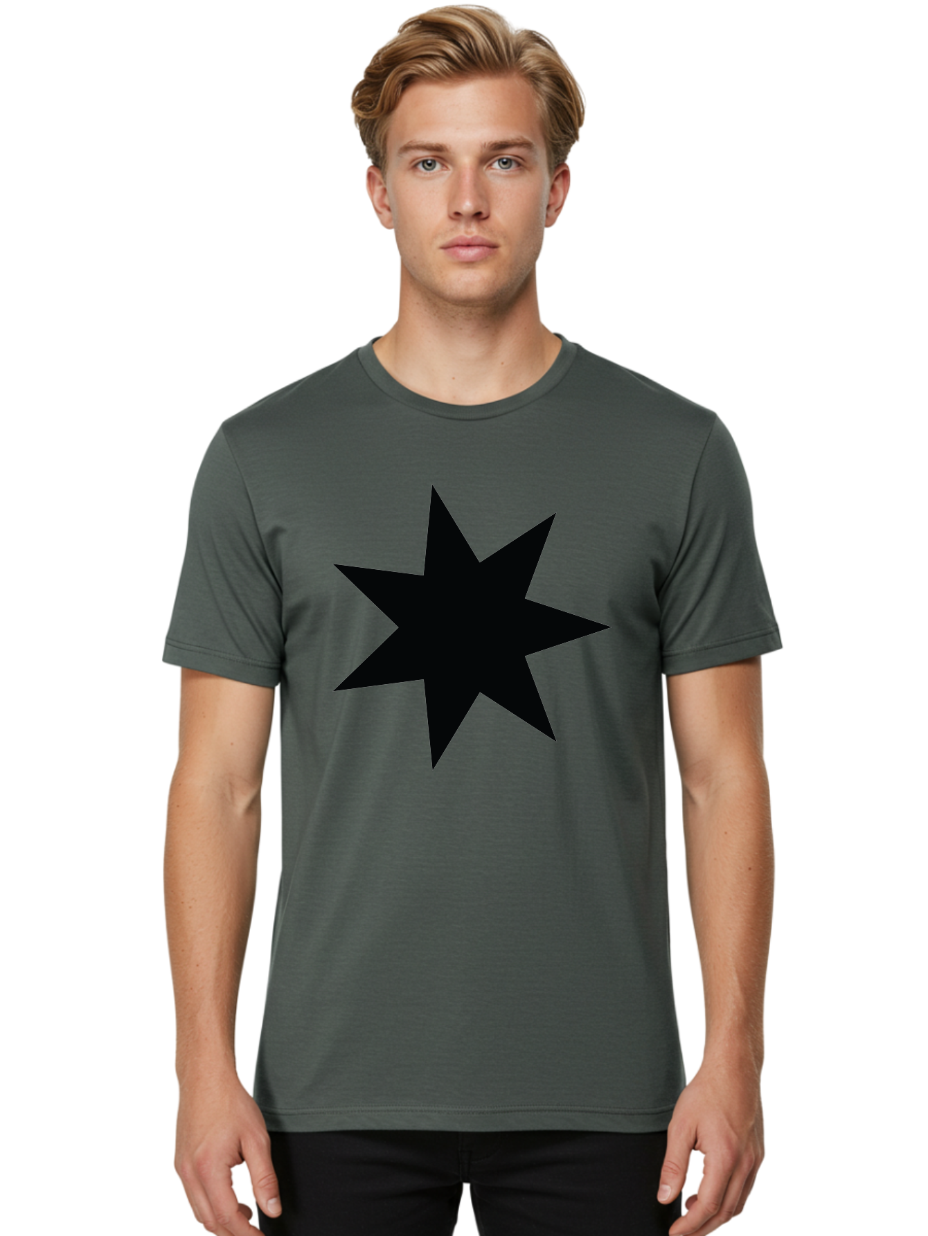 Black-Star-1 Men'S Graphic Tee, 100% Cotton, Comfortable Casual Summer Wear, Machine Washable, Eight Pointed Star, Black Star, Star Graphic, Bold Shape, Geometric Design, Symmetrical Pattern, Star Symbol Aac521