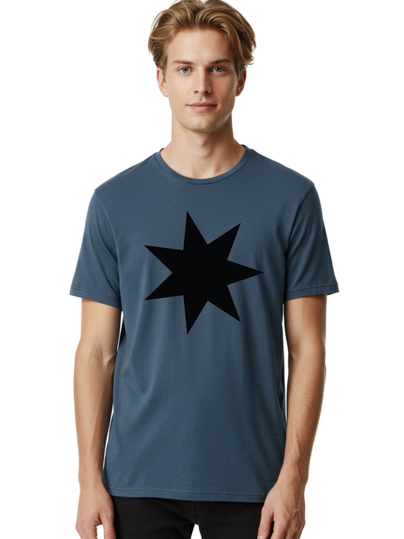 Black-Star-1 Men'S Graphic Tee, 100% Cotton, Comfortable Casual Summer Wear, Machine Washable, Eight Pointed Star, Black Star, Star Graphic, Bold Shape, Geometric Design, Symmetrical Pattern, Star Symbol Aac521