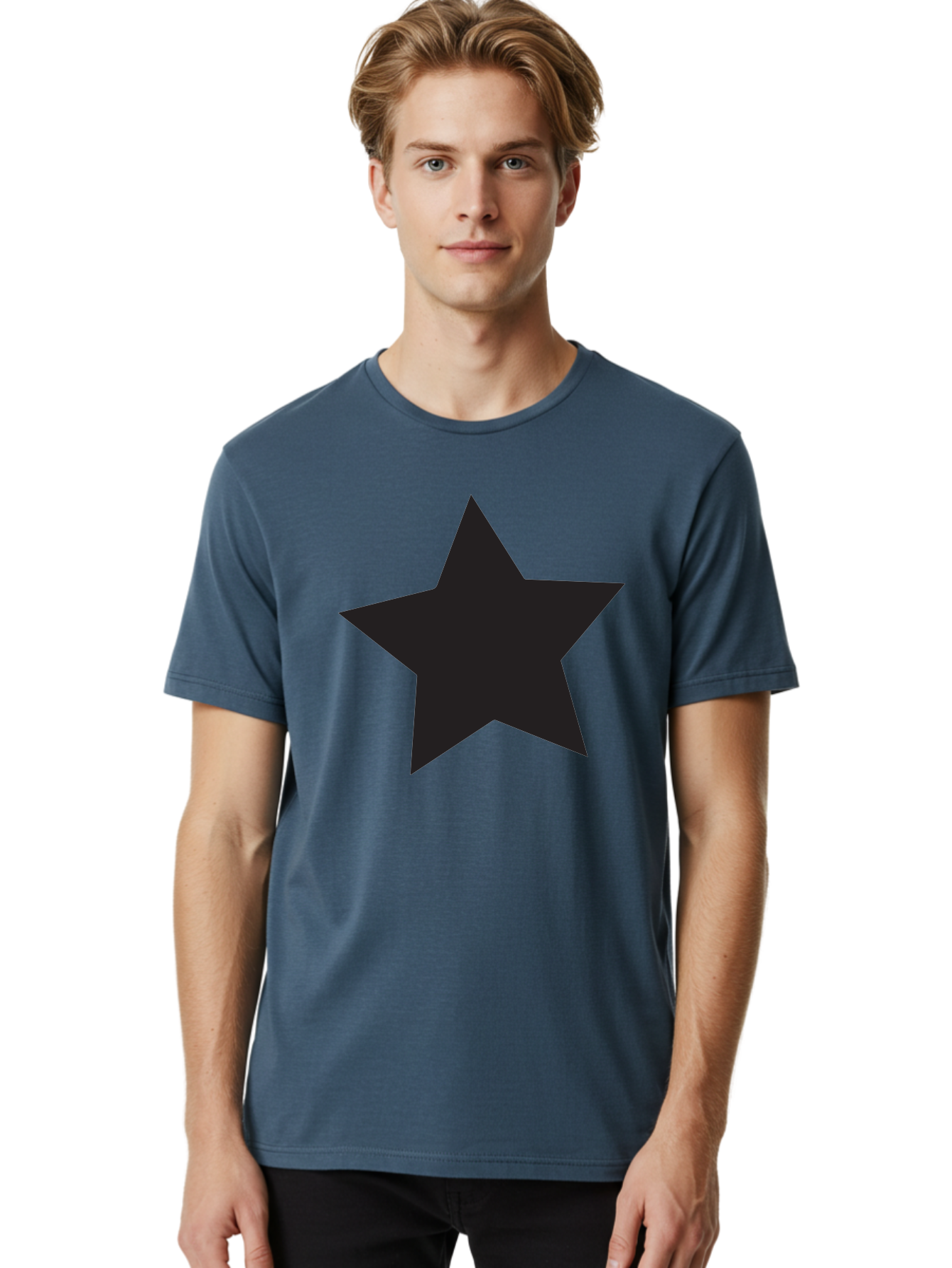 Black-Star Men'S Graphic Tee, 100% Cotton, Comfortable Casual Summer Wear, Machine Washable, Five-Pointed Star, Black Star, Bold Graphic, Simple Design, Minimalist Style, Star Symbol, Iconic Shape Aac522