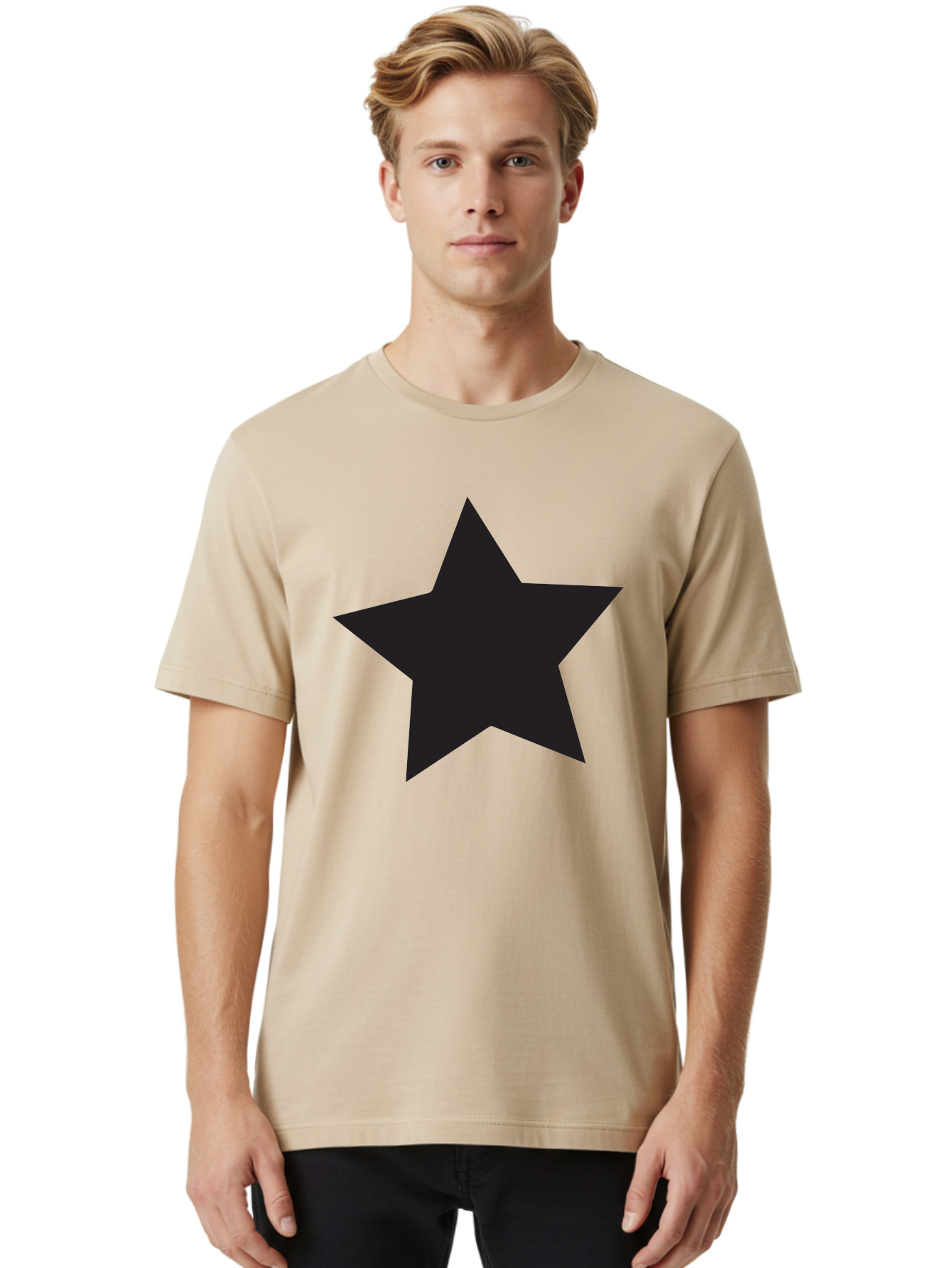 Black-Star Men'S Graphic Tee, 100% Cotton, Comfortable Casual Summer Wear, Machine Washable, Five-Pointed Star, Black Star, Bold Graphic, Simple Design, Minimalist Style, Star Symbol, Iconic Shape Aac522