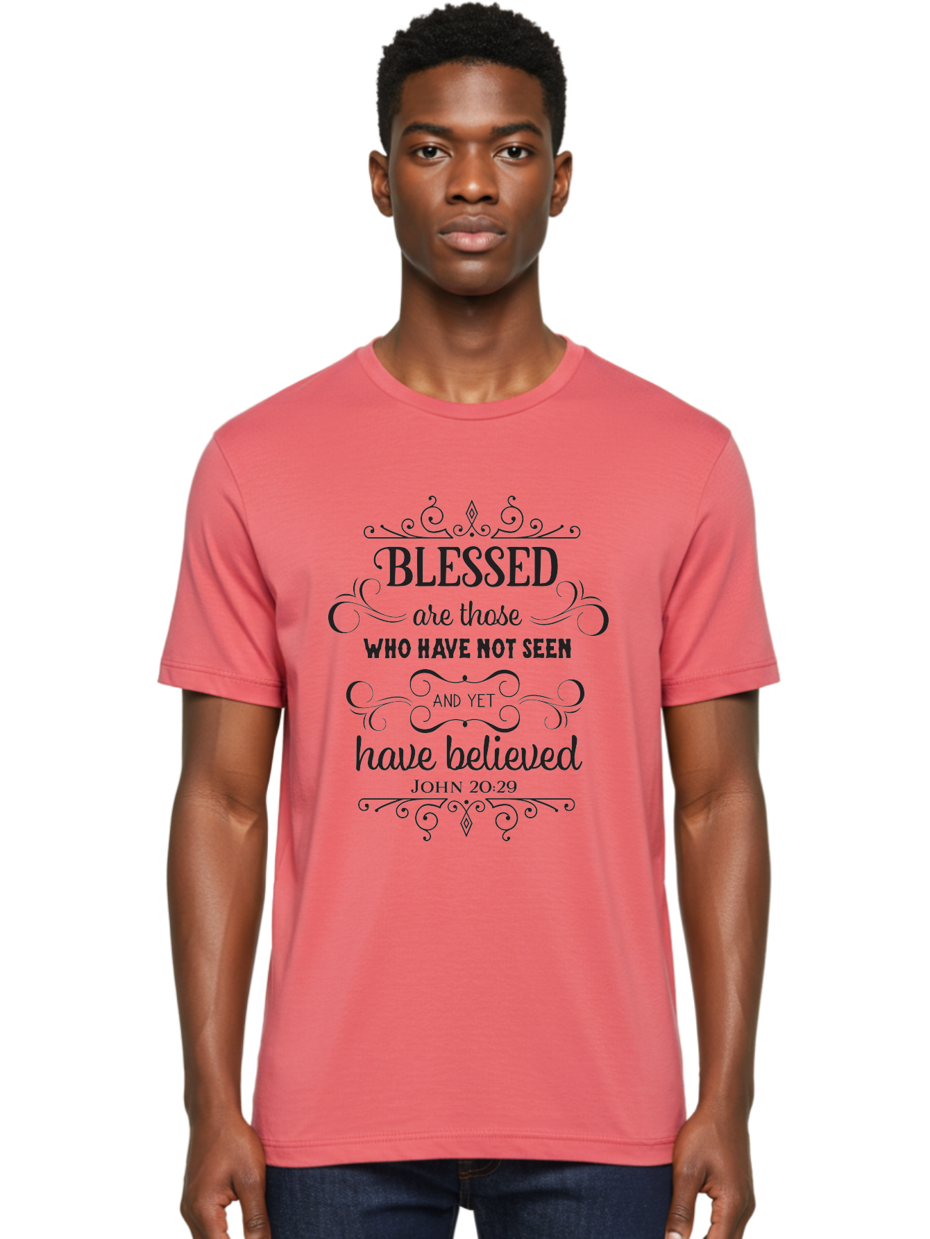 Blessed-Are-Those Men'S Graphic Tee, 100% Cotton, Comfortable Casual Summer Wear, Machine Washable, Inspirational Quote, Faith-Based Message, Biblical Scripture, John 20:29, Blessed Are Those Who Have Not Seen And Yet Have Believed, Aac526