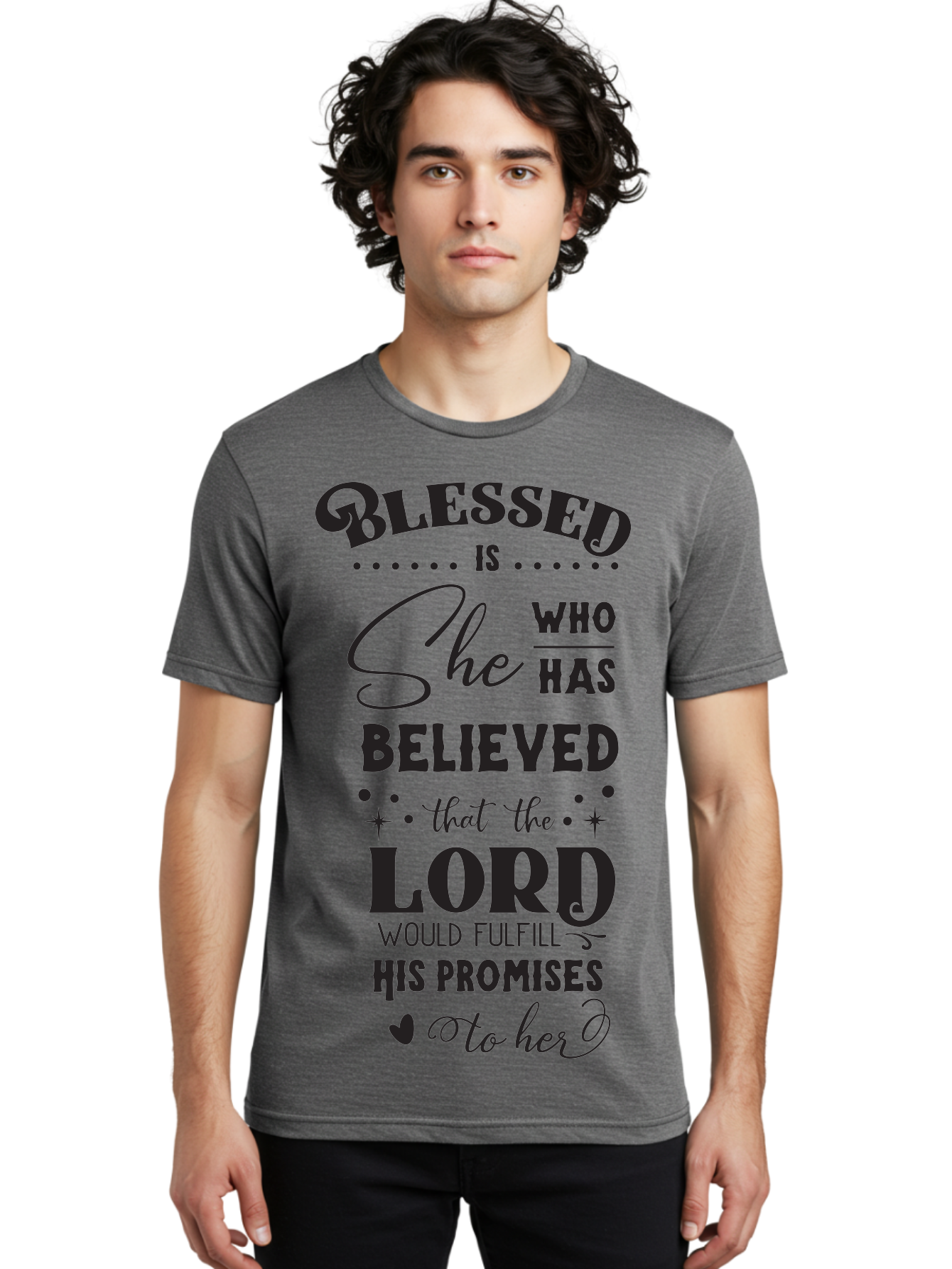 Blessed-Is-She Men'S Graphic Tee, 100% Cotton, Comfortable Casual Summer Wear, Machine Washable, Inspirational Quote, Motivational Saying, Faith-Based Message, Encouraging Words, Spiritual Guidance, Empowerment For Women, Christian Values, Aac528