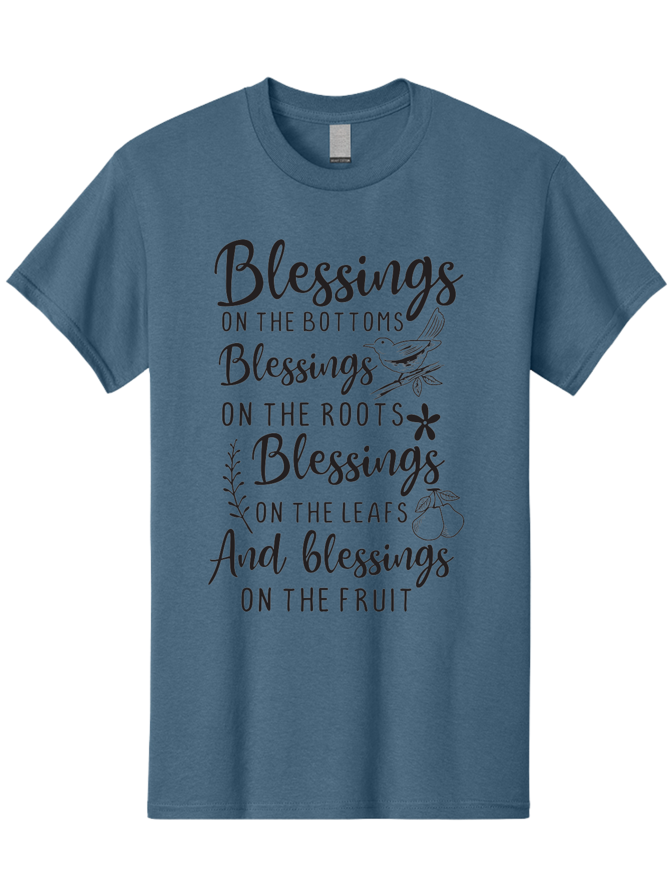 Blessings-On-The-Bottoms Men'S Graphic Tee, 100% Cotton, Comfortable Casual Summer Wear, Machine Washable, Inspirational Quote, Blessing Message, Typography Art, Leaf Illustrations, Floral Designs, Fruit Graphics, Nature-Inspired, Aac531