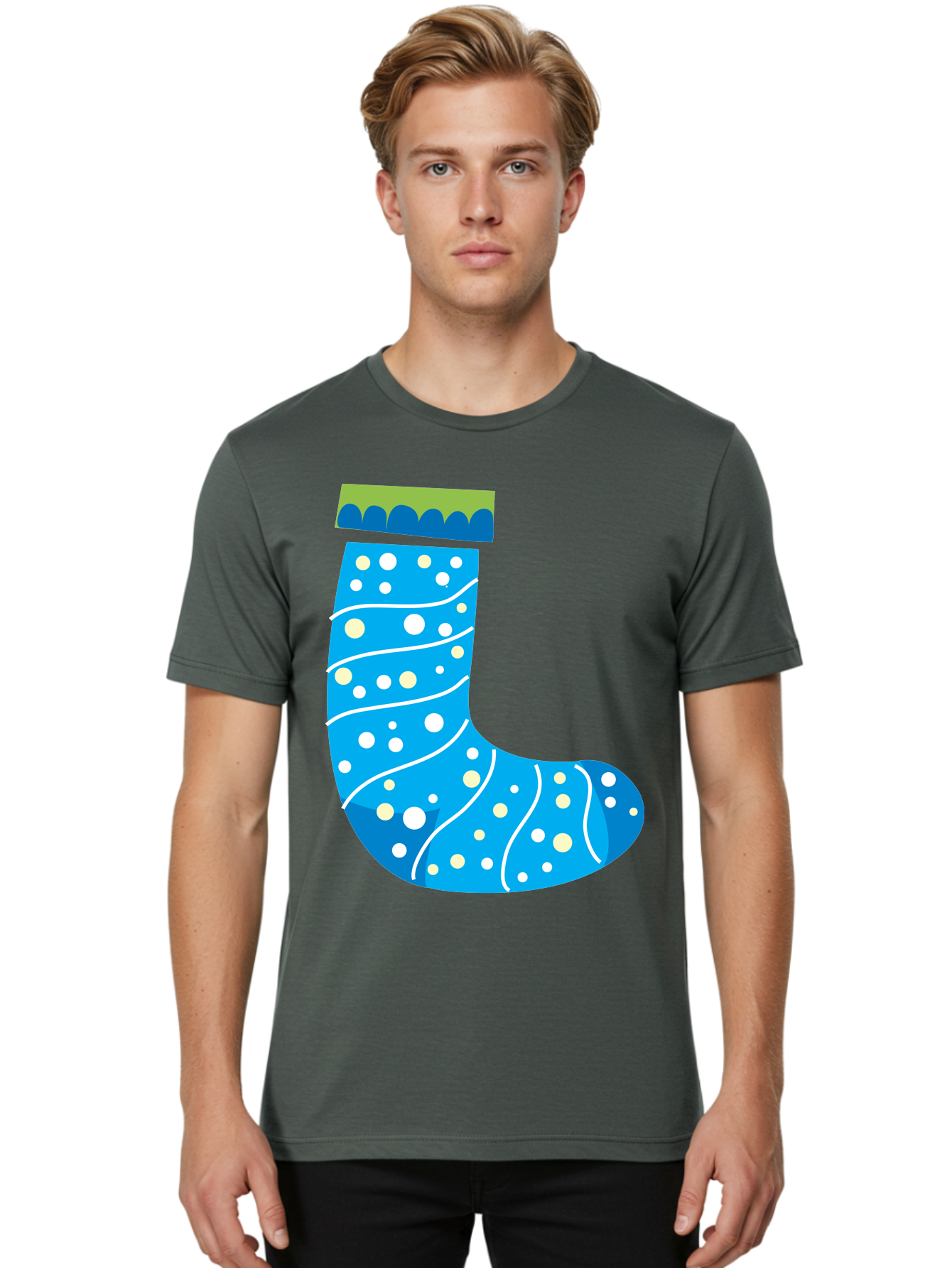 Blue-Christmas-Sock Men'S Graphic Tee, 100% Cotton, Comfortable Casual Summer Wear, Machine Washable, Christmas Stocking, Holiday Decor, Festive Season, Winter Wonderland, Cozy Atmosphere, Blue And White Colors, Polka Dot Pattern, White Swirls Aac533
