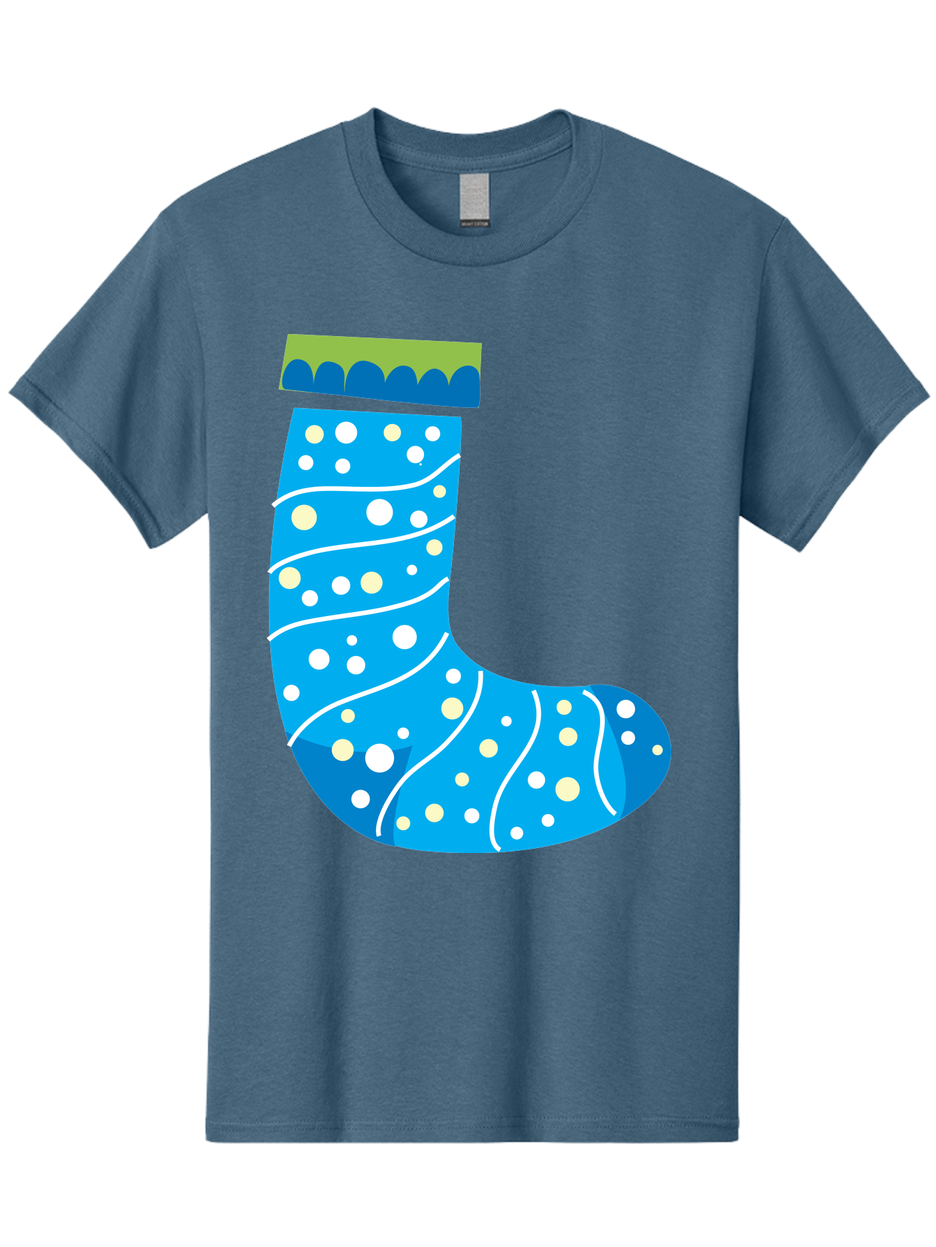 Blue-Christmas-Sock Men'S Graphic Tee, 100% Cotton, Comfortable Casual Summer Wear, Machine Washable, Christmas Stocking, Holiday Decor, Festive Season, Winter Wonderland, Cozy Atmosphere, Blue And White Colors, Polka Dot Pattern, White Swirls Aac533