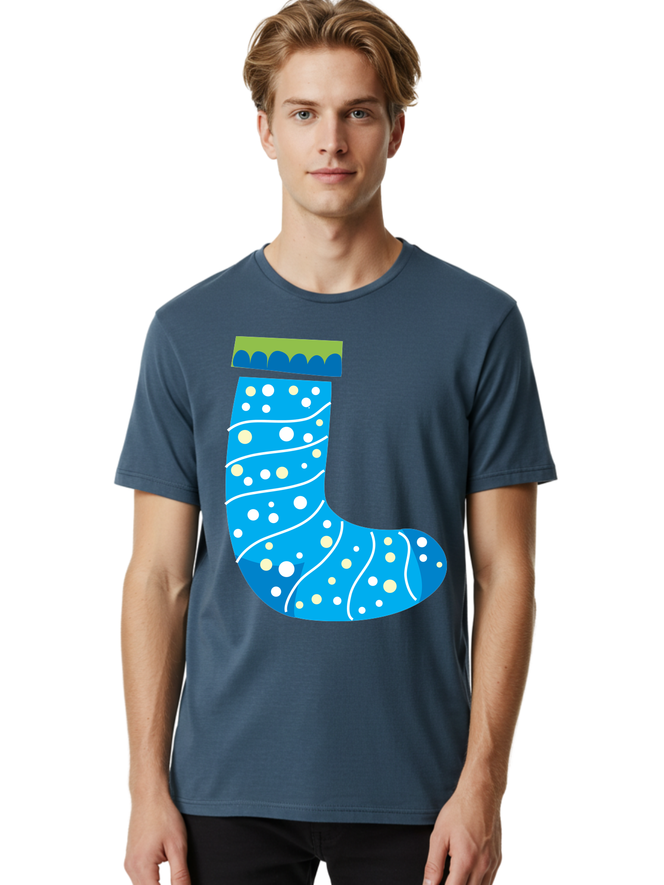 Blue-Christmas-Sock Men'S Graphic Tee, 100% Cotton, Comfortable Casual Summer Wear, Machine Washable, Christmas Stocking, Holiday Decor, Festive Season, Winter Wonderland, Cozy Atmosphere, Blue And White Colors, Polka Dot Pattern, White Swirls Aac533