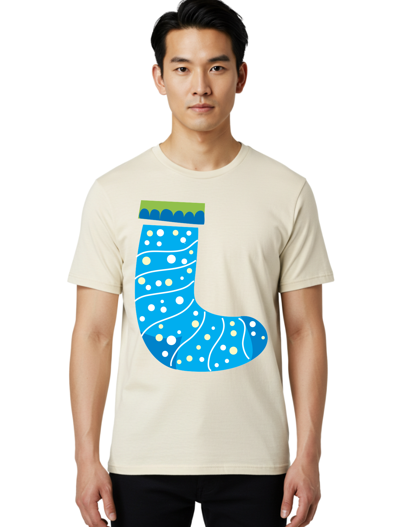 Blue-Christmas-Sock Men'S Graphic Tee, 100% Cotton, Comfortable Casual Summer Wear, Machine Washable, Christmas Stocking, Holiday Decor, Festive Season, Winter Wonderland, Cozy Atmosphere, Blue And White Colors, Polka Dot Pattern, White Swirls Aac533