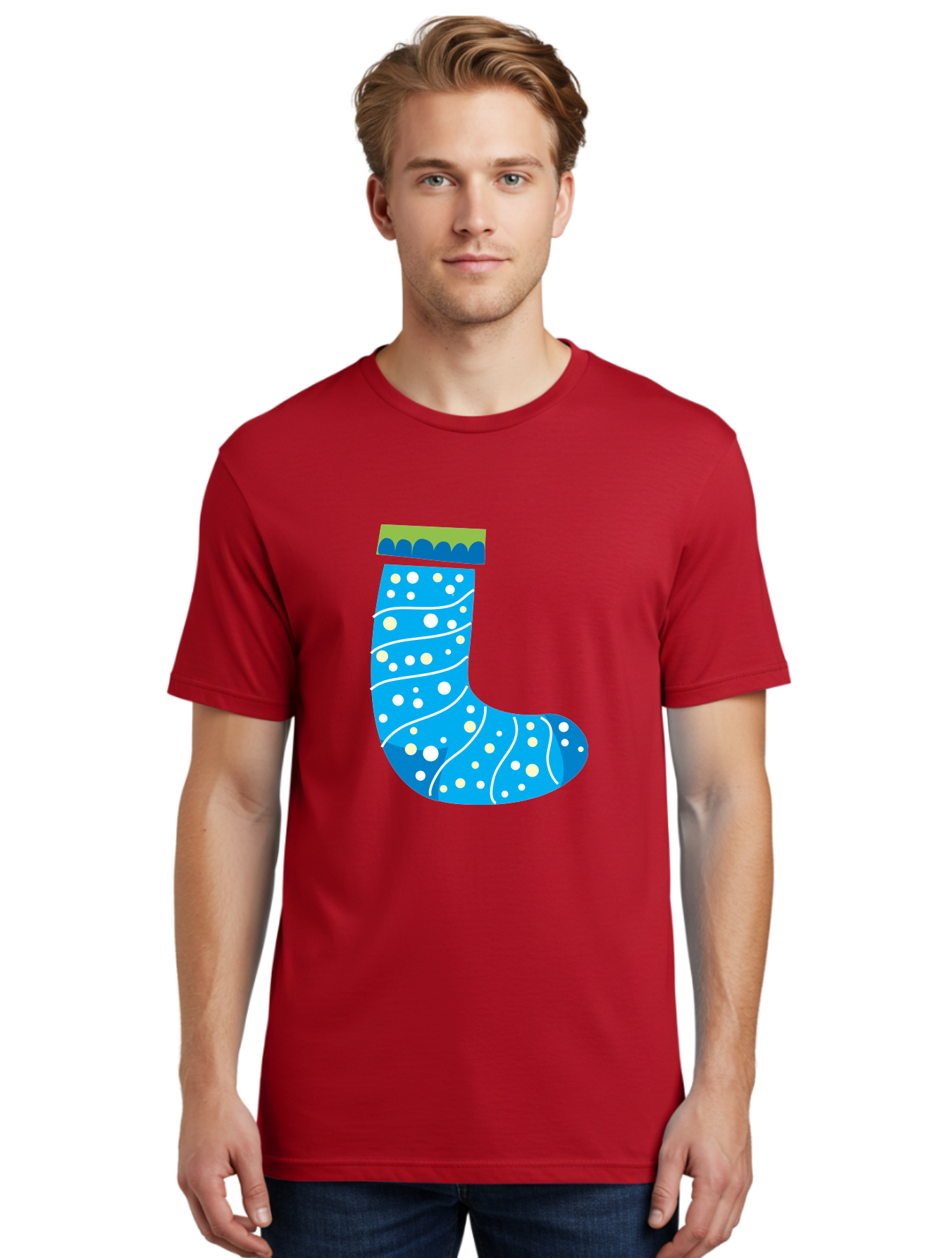 Blue-Christmas-Sock Men'S Graphic Tee, 100% Cotton, Comfortable Casual Summer Wear, Machine Washable, Christmas Stocking, Holiday Decor, Festive Season, Winter Wonderland, Cozy Atmosphere, Blue And White Colors, Polka Dot Pattern, White Swirls Aac533