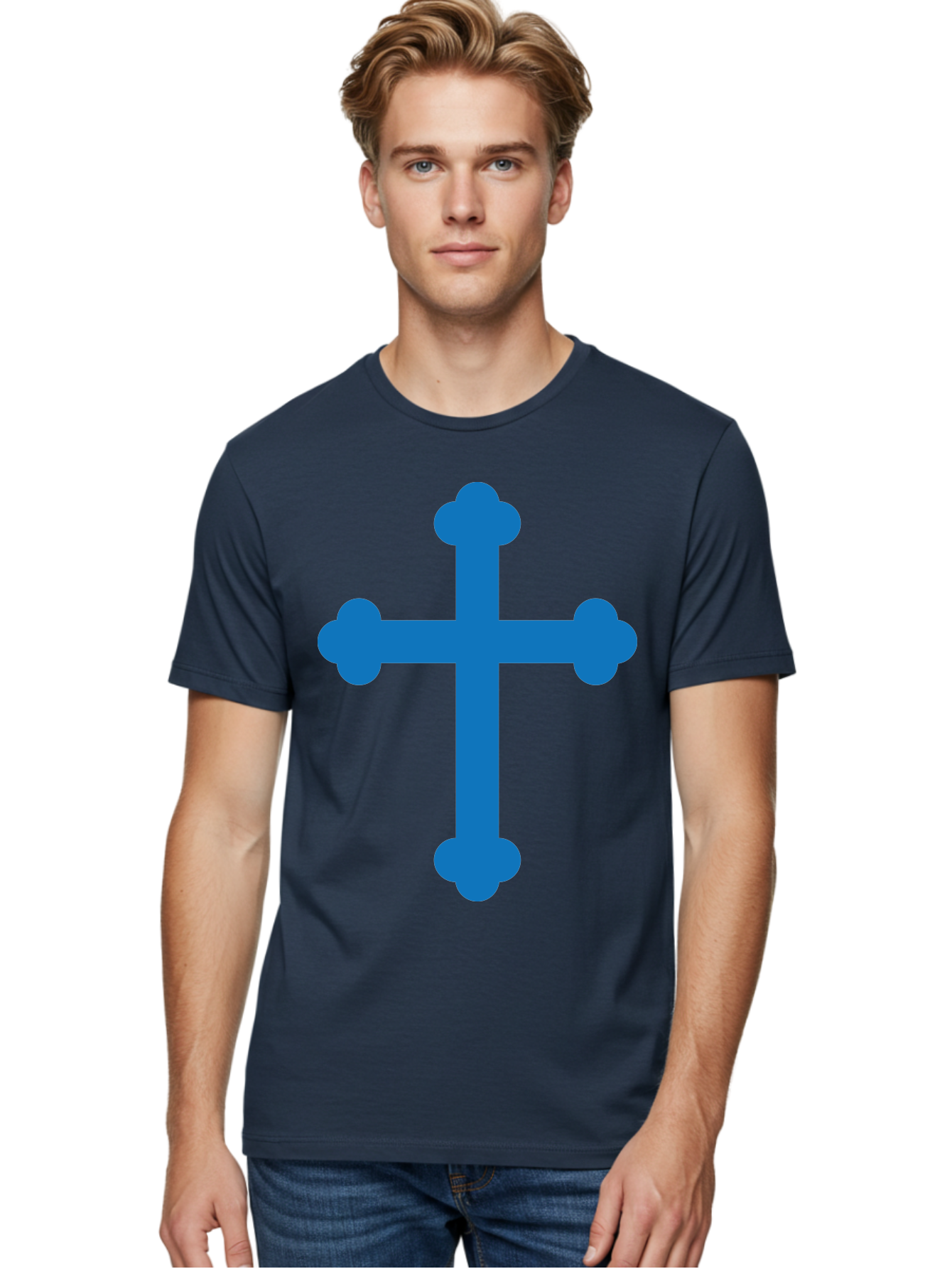 Blue-Cross Men'S Graphic Tee, 100% Cotton, Comfortable Casual Summer Wear, Machine Washable, Blue Cross, Heraldic Symbol, Christian Cross, Potent Cross, Symbolic Imagery, Faith Representation, Graphic Design Element, Symbolic Graphic Aac534