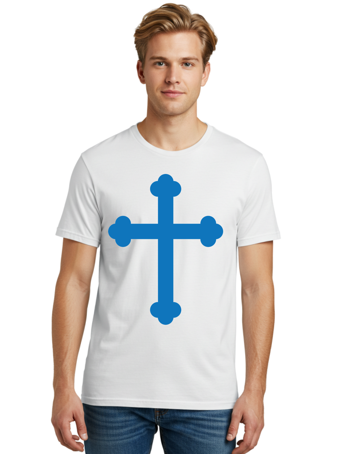 Blue-Cross Men'S Graphic Tee, 100% Cotton, Comfortable Casual Summer Wear, Machine Washable, Blue Cross, Heraldic Symbol, Christian Cross, Potent Cross, Symbolic Imagery, Faith Representation, Graphic Design Element, Symbolic Graphic Aac534