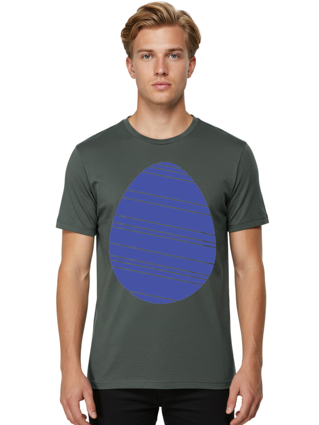 Blue-Easter-Egg Men'S Graphic Tee, 100% Cotton, Comfortable Casual Summer Wear, Machine Washable, Blue Oval Shape, Diagonal Stripes, Striped Pattern, Graphic Design, Abstract Art, Vibrant Colors, Modern Illustration Aac535