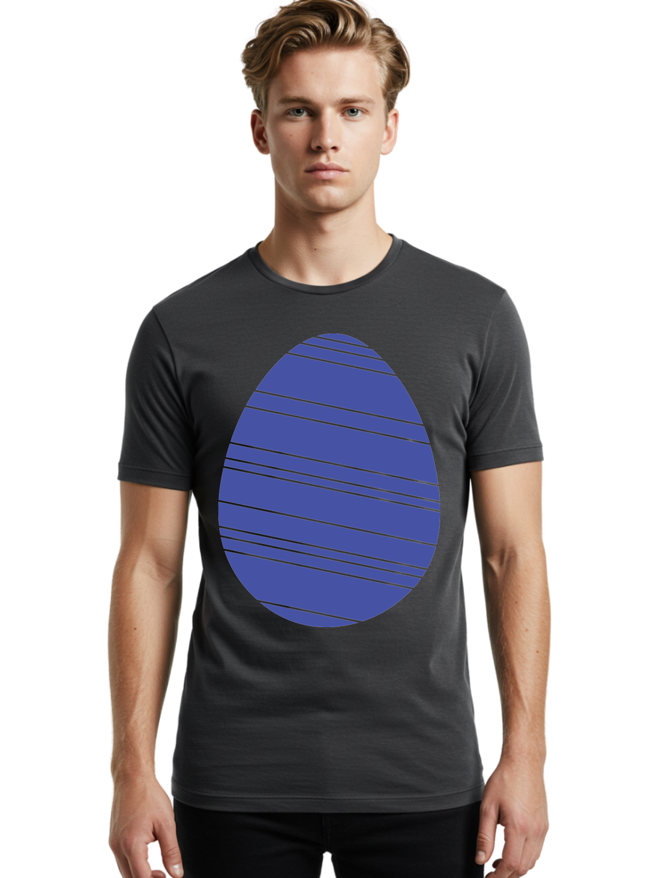 Blue-Easter-Egg Men'S Graphic Tee, 100% Cotton, Comfortable Casual Summer Wear, Machine Washable, Blue Oval Shape, Diagonal Stripes, Striped Pattern, Graphic Design, Abstract Art, Vibrant Colors, Modern Illustration Aac535