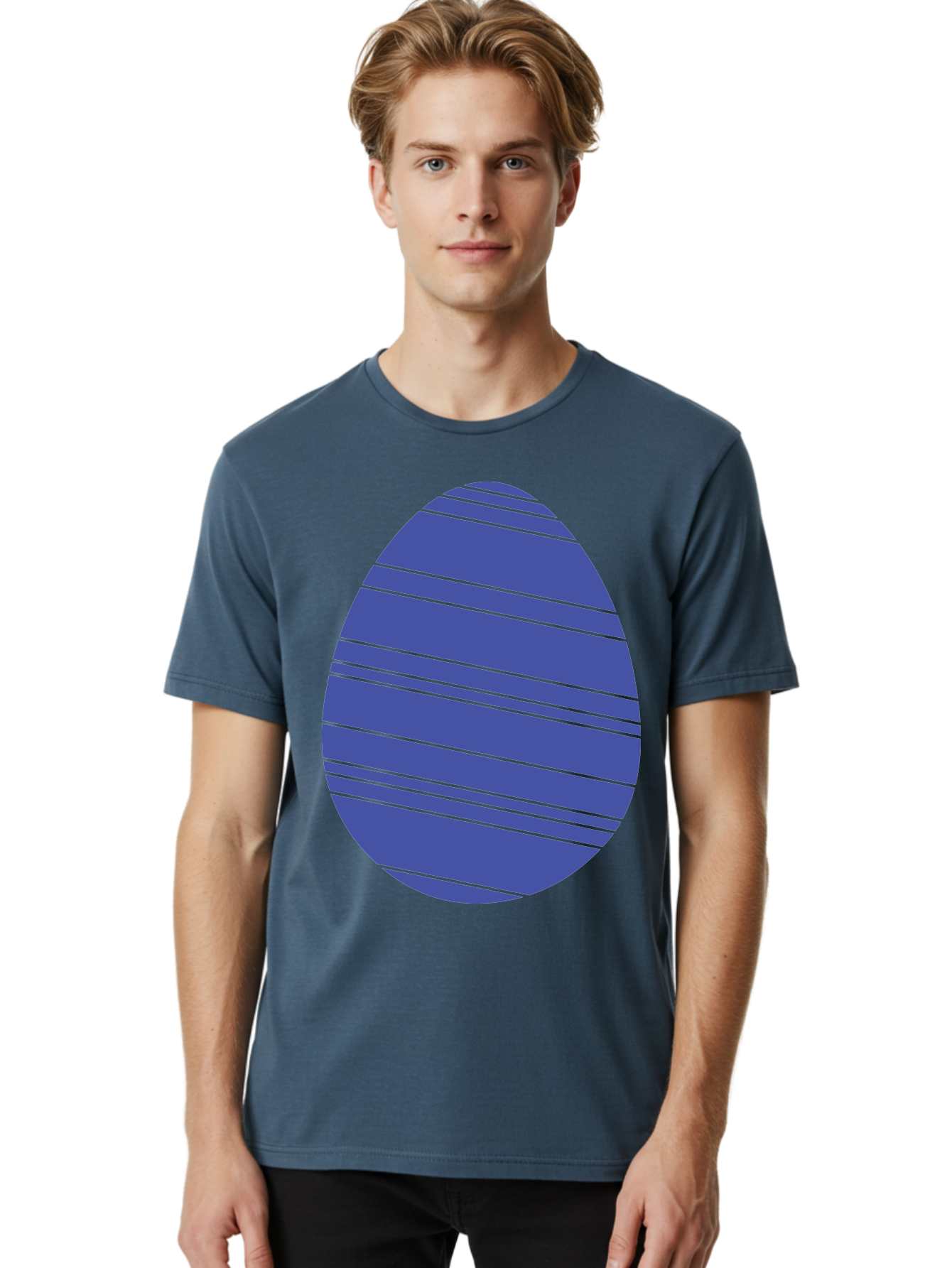 Blue-Easter-Egg Men'S Graphic Tee, 100% Cotton, Comfortable Casual Summer Wear, Machine Washable, Blue Oval Shape, Diagonal Stripes, Striped Pattern, Graphic Design, Abstract Art, Vibrant Colors, Modern Illustration Aac535