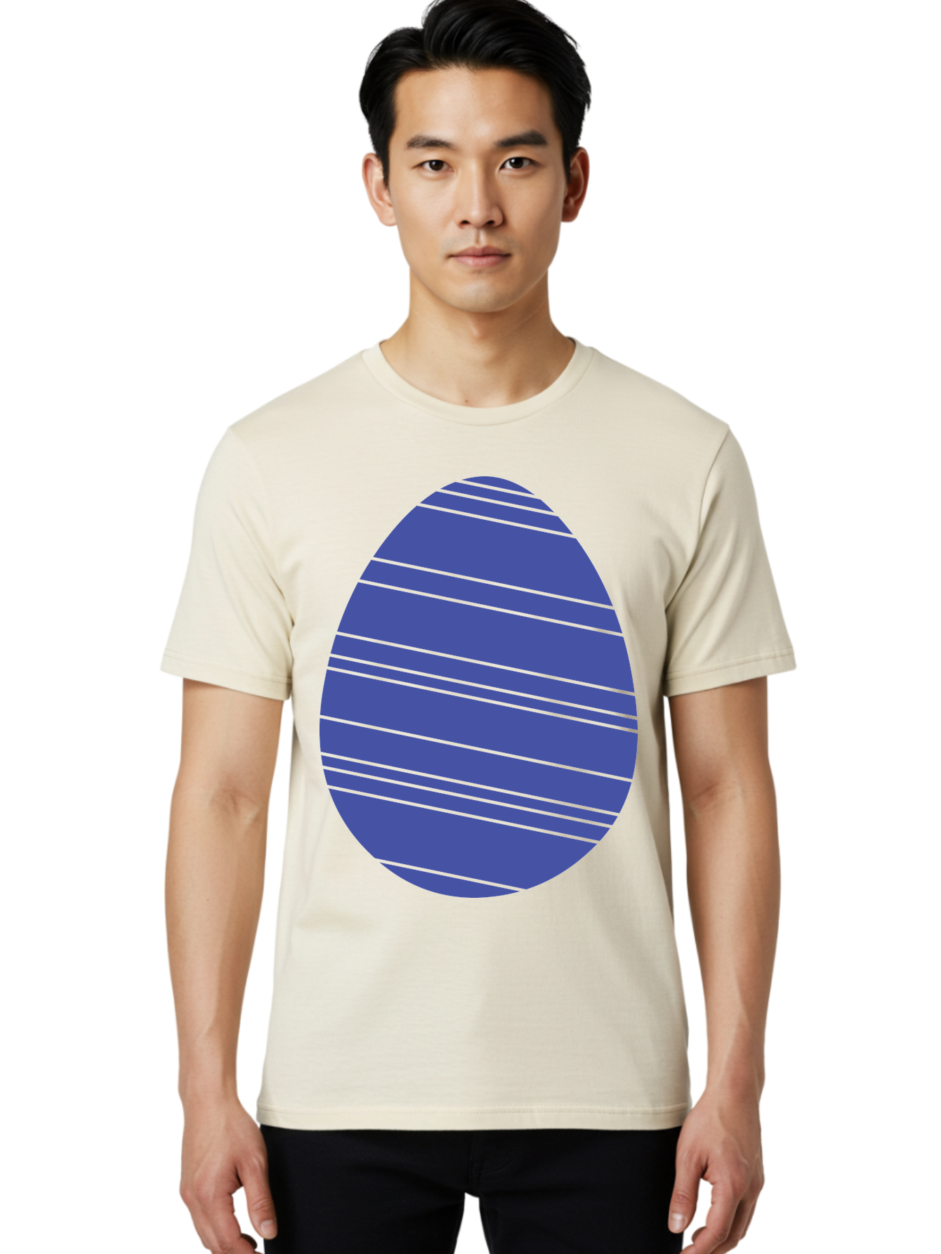 Blue-Easter-Egg Men'S Graphic Tee, 100% Cotton, Comfortable Casual Summer Wear, Machine Washable, Blue Oval Shape, Diagonal Stripes, Striped Pattern, Graphic Design, Abstract Art, Vibrant Colors, Modern Illustration Aac535
