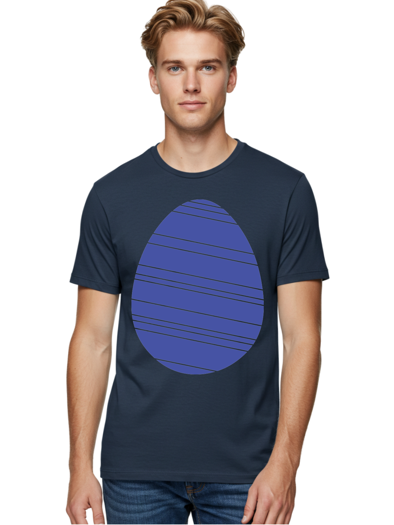 Blue-Easter-Egg Men'S Graphic Tee, 100% Cotton, Comfortable Casual Summer Wear, Machine Washable, Blue Oval Shape, Diagonal Stripes, Striped Pattern, Graphic Design, Abstract Art, Vibrant Colors, Modern Illustration Aac535