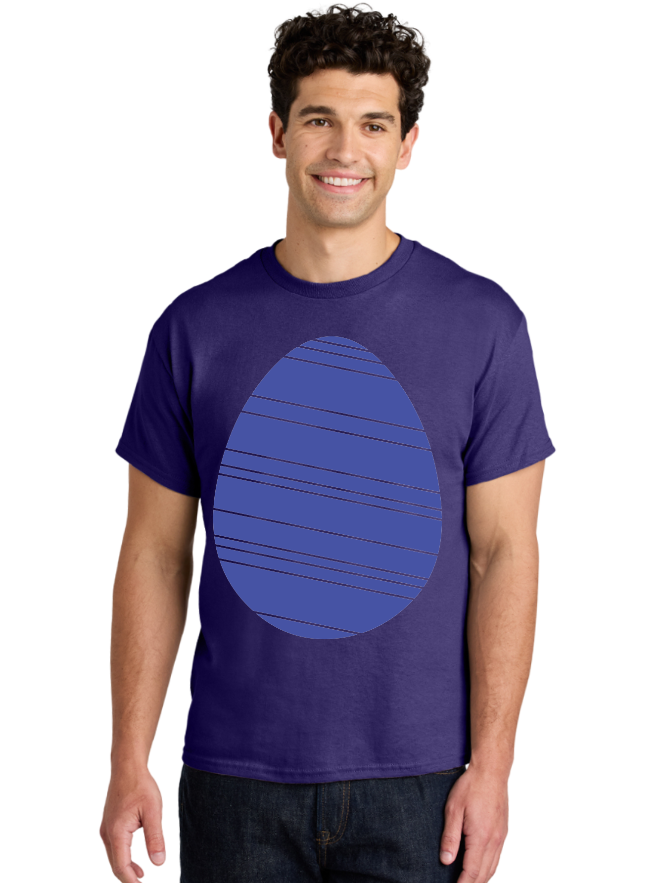 Blue-Easter-Egg Men'S Graphic Tee, 100% Cotton, Comfortable Casual Summer Wear, Machine Washable, Blue Oval Shape, Diagonal Stripes, Striped Pattern, Graphic Design, Abstract Art, Vibrant Colors, Modern Illustration Aac535
