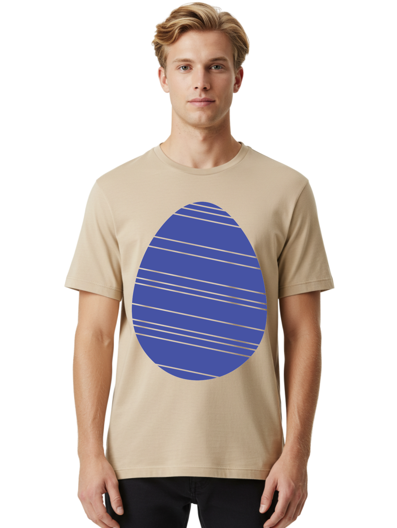 Blue-Easter-Egg Men'S Graphic Tee, 100% Cotton, Comfortable Casual Summer Wear, Machine Washable, Blue Oval Shape, Diagonal Stripes, Striped Pattern, Graphic Design, Abstract Art, Vibrant Colors, Modern Illustration Aac535