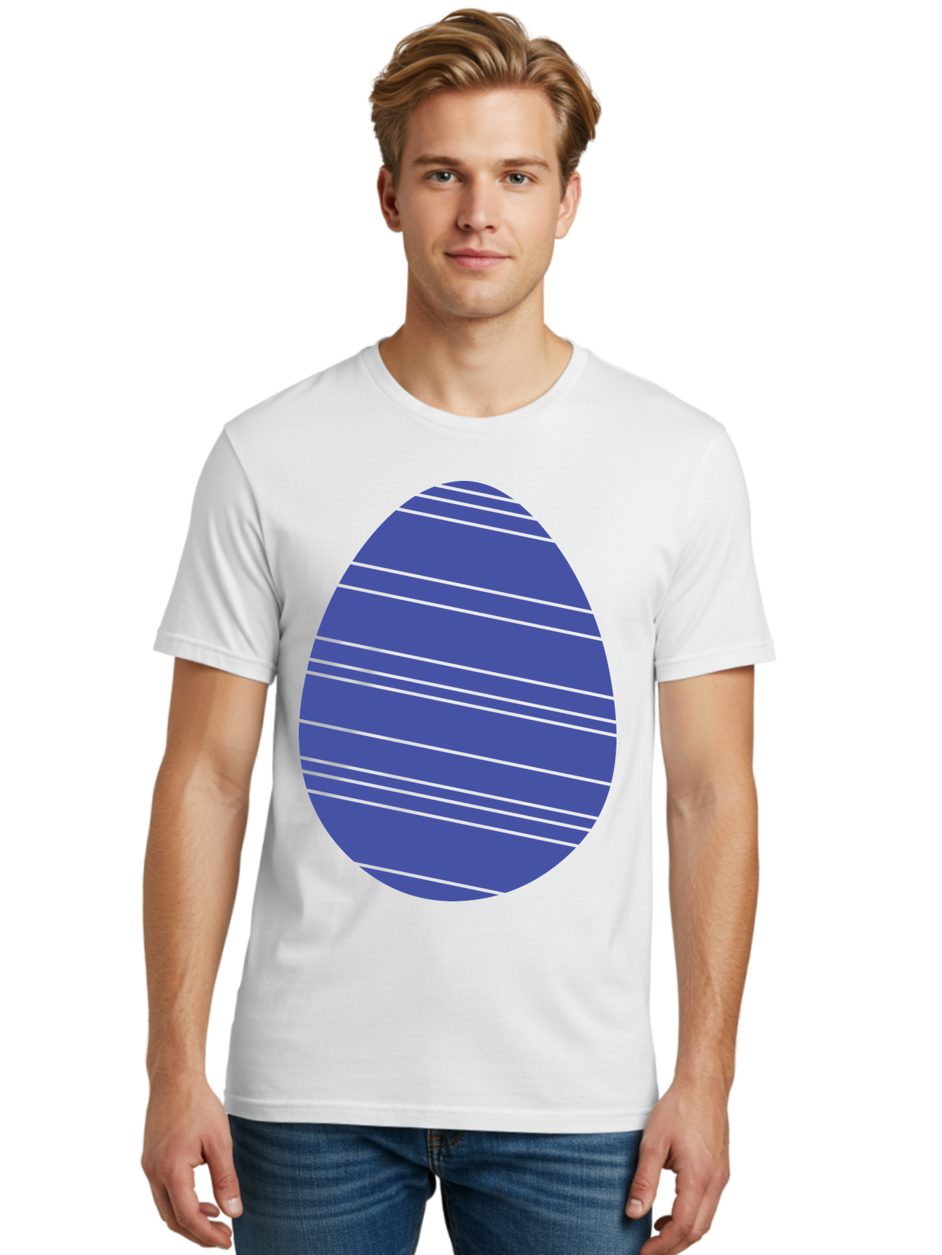 Blue-Easter-Egg Men'S Graphic Tee, 100% Cotton, Comfortable Casual Summer Wear, Machine Washable, Blue Oval Shape, Diagonal Stripes, Striped Pattern, Graphic Design, Abstract Art, Vibrant Colors, Modern Illustration Aac535
