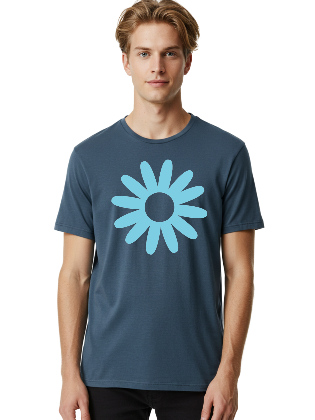 Blue-Flower Men'S Graphic Tee, 100% Cotton, Comfortable Casual Summer Wear, Machine Washable, Blue Flower, Simple Design, Minimalist Art, Floral Pattern, Light Blue Petals, Abstract Flower, Modern Graphics Aac536
