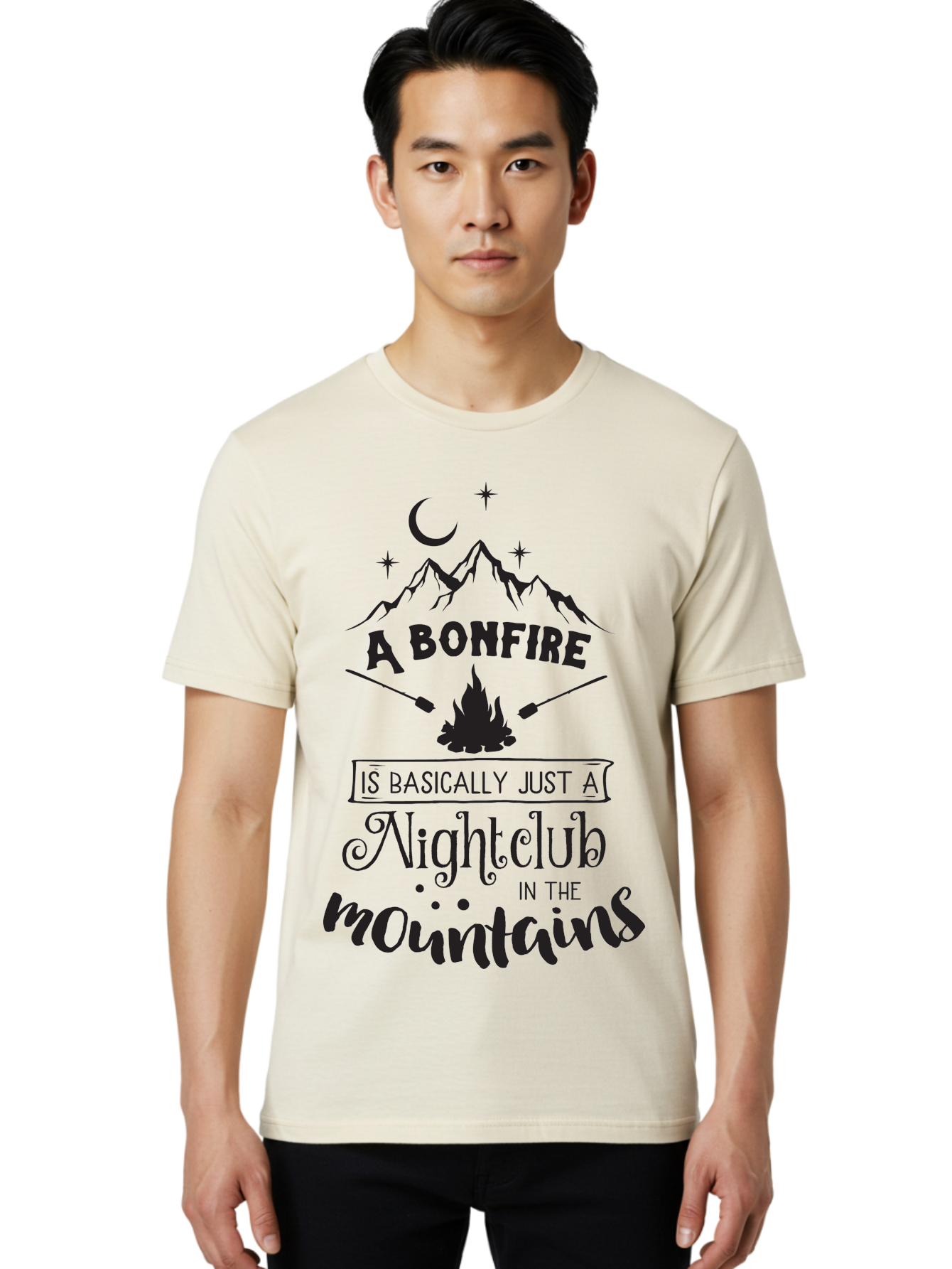 Bonfire-Nightclub Men'S Graphic Tee, 100% Cotton, Comfortable Casual Summer Wear, Machine Washable, Bonfire In The Mountains, Nightclub Atmosphere, Camping Vibes, Outdoor Adventures, Wilderness Getaway, Moonlit Nights, Starry Skies, Aac537
