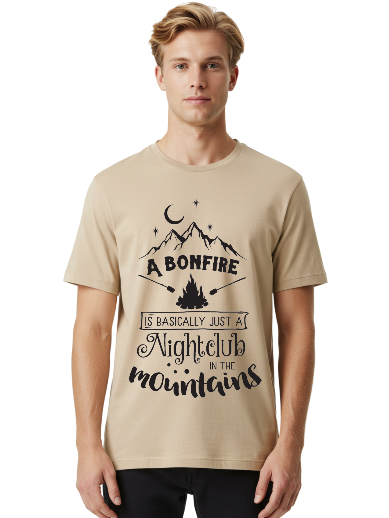 Bonfire-Nightclub Men'S Graphic Tee, 100% Cotton, Comfortable Casual Summer Wear, Machine Washable, Bonfire In The Mountains, Nightclub Atmosphere, Camping Vibes, Outdoor Adventures, Wilderness Getaway, Moonlit Nights, Starry Skies, Aac537