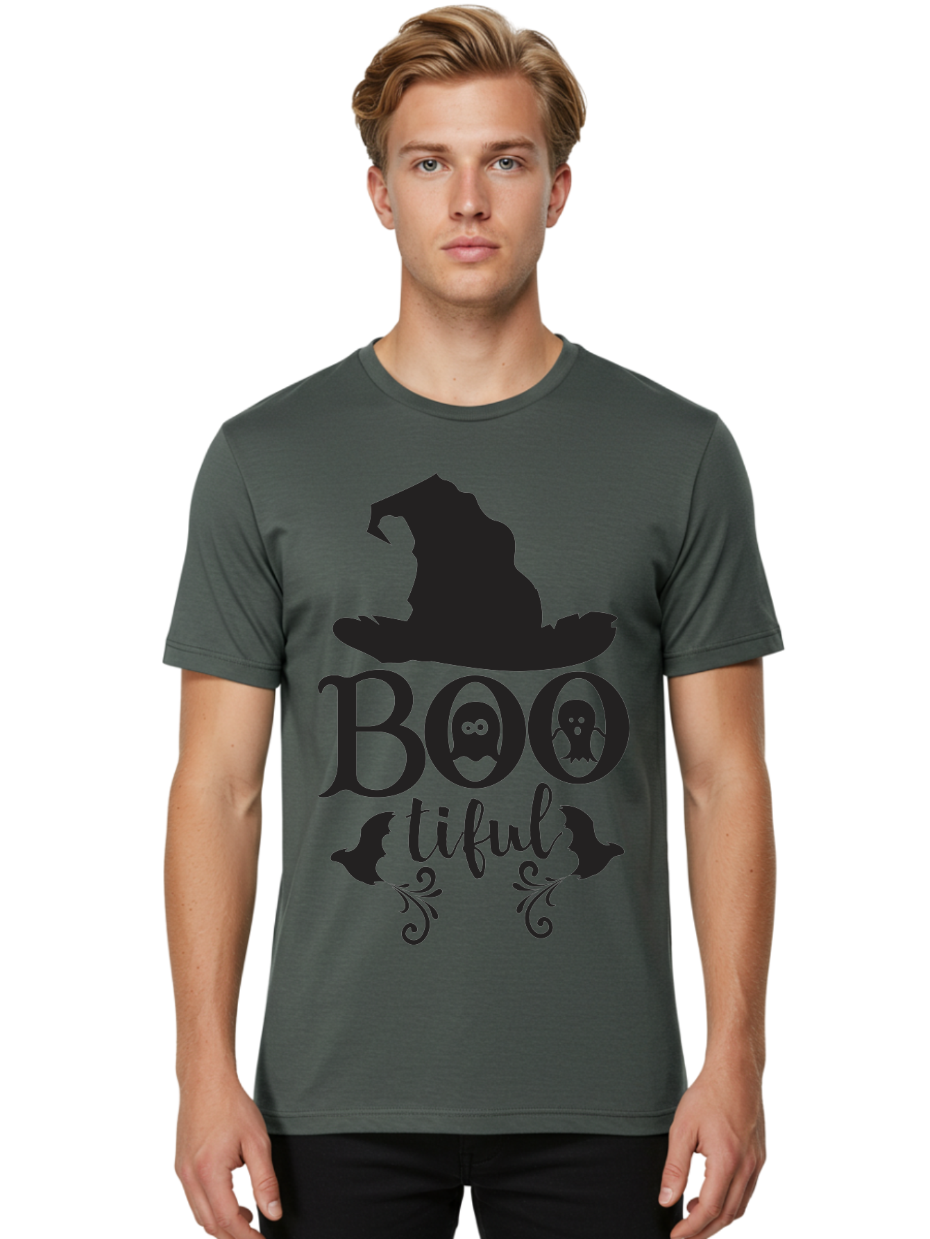 Boo-Tiful Men'S Graphic Tee, 100% Cotton, Comfortable Casual Summer Wear, Machine Washable, Halloween Design, Witch Hat, Ghostly Figures, Boo Tiful, Spooky Decor, Halloween Theme, Gothic Style, Mystical Vibes, Halloween Graphics Aac538