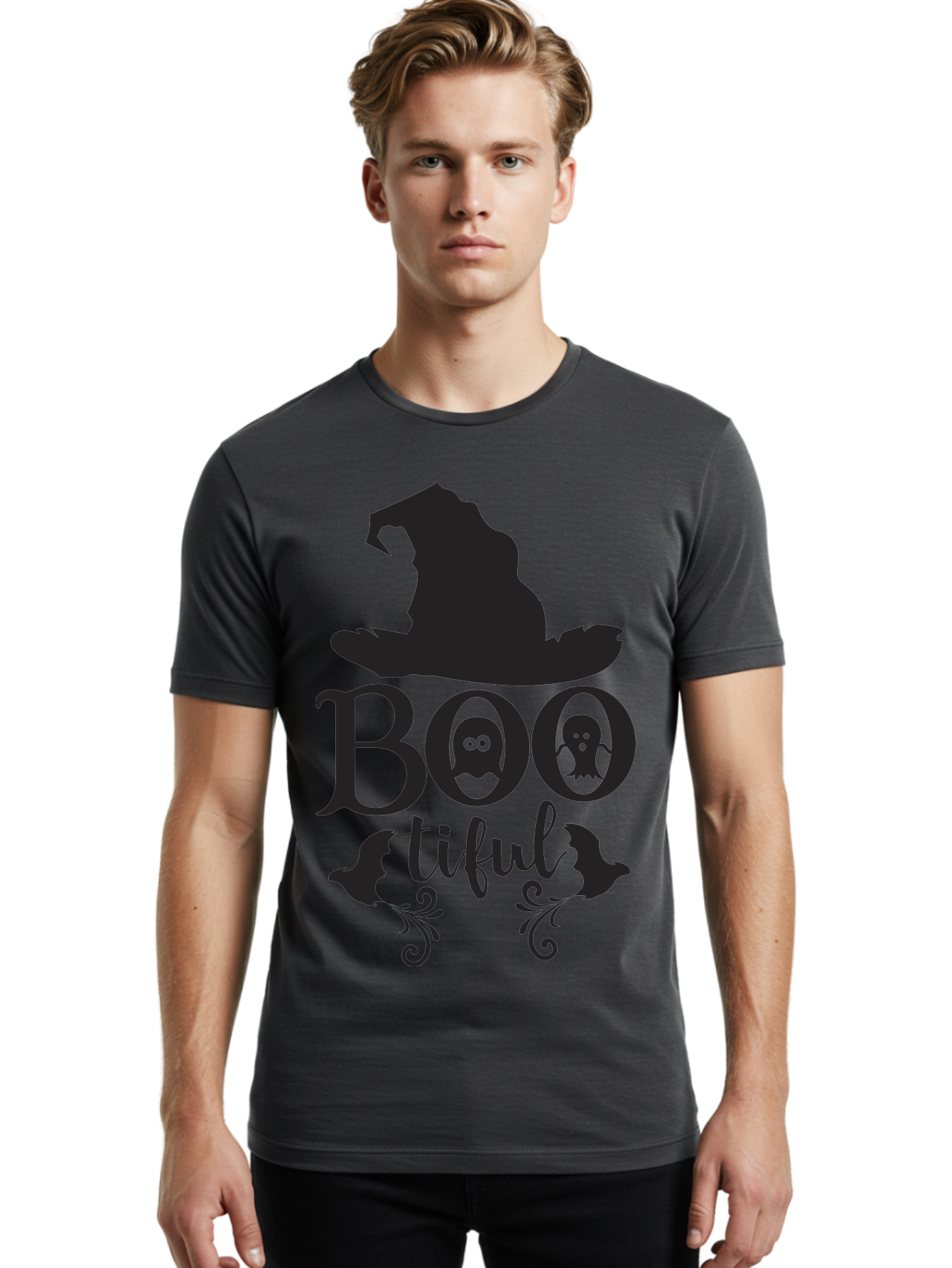 Boo-Tiful Men'S Graphic Tee, 100% Cotton, Comfortable Casual Summer Wear, Machine Washable, Halloween Design, Witch Hat, Ghostly Figures, Boo Tiful, Spooky Decor, Halloween Theme, Gothic Style, Mystical Vibes, Halloween Graphics Aac538