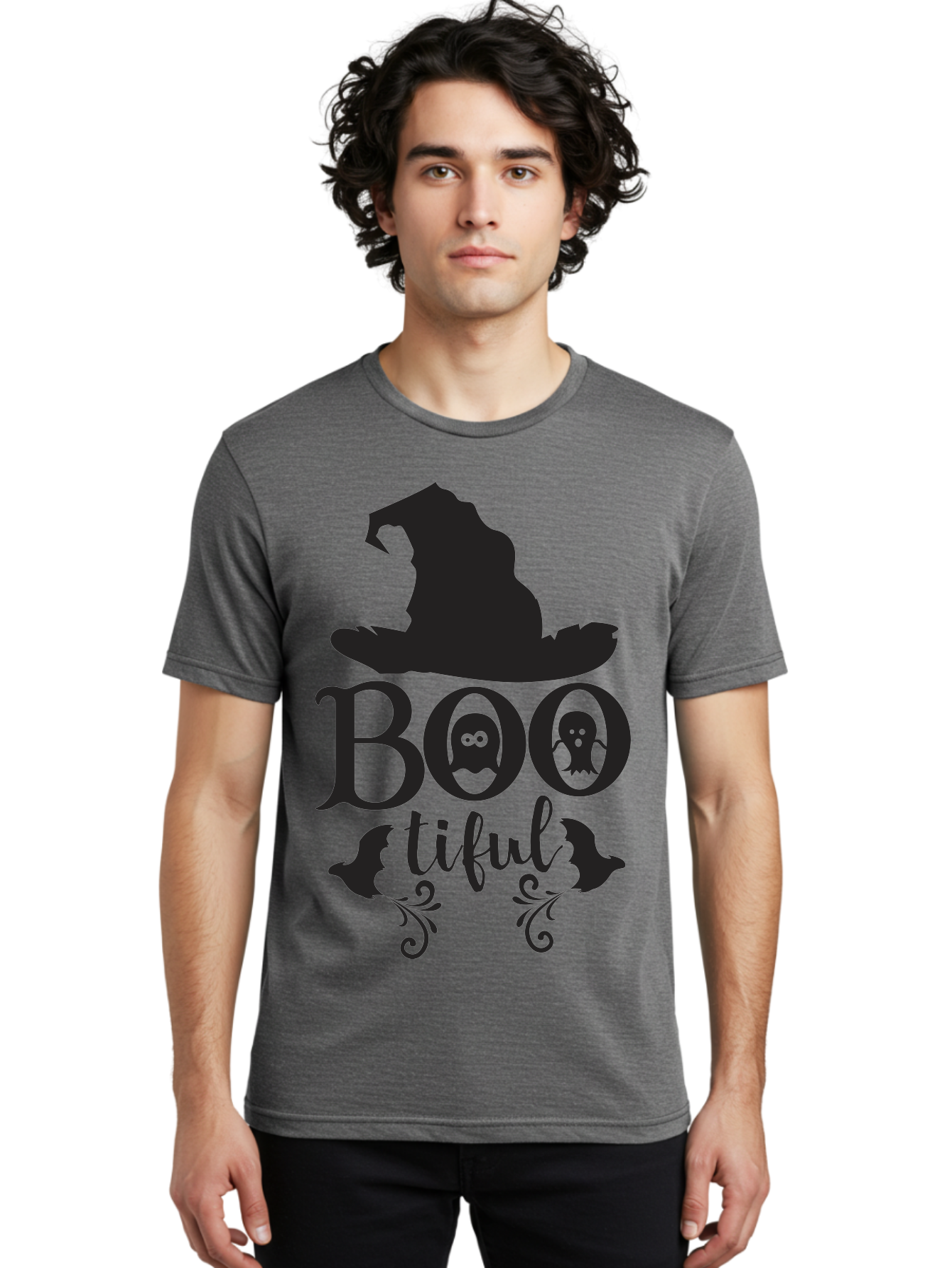Boo-Tiful Men'S Graphic Tee, 100% Cotton, Comfortable Casual Summer Wear, Machine Washable, Halloween Design, Witch Hat, Ghostly Figures, Boo Tiful, Spooky Decor, Halloween Theme, Gothic Style, Mystical Vibes, Halloween Graphics Aac538