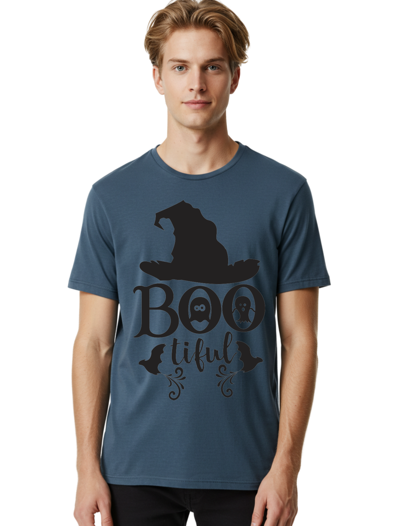 Boo-Tiful Men'S Graphic Tee, 100% Cotton, Comfortable Casual Summer Wear, Machine Washable, Halloween Design, Witch Hat, Ghostly Figures, Boo Tiful, Spooky Decor, Halloween Theme, Gothic Style, Mystical Vibes, Halloween Graphics Aac538