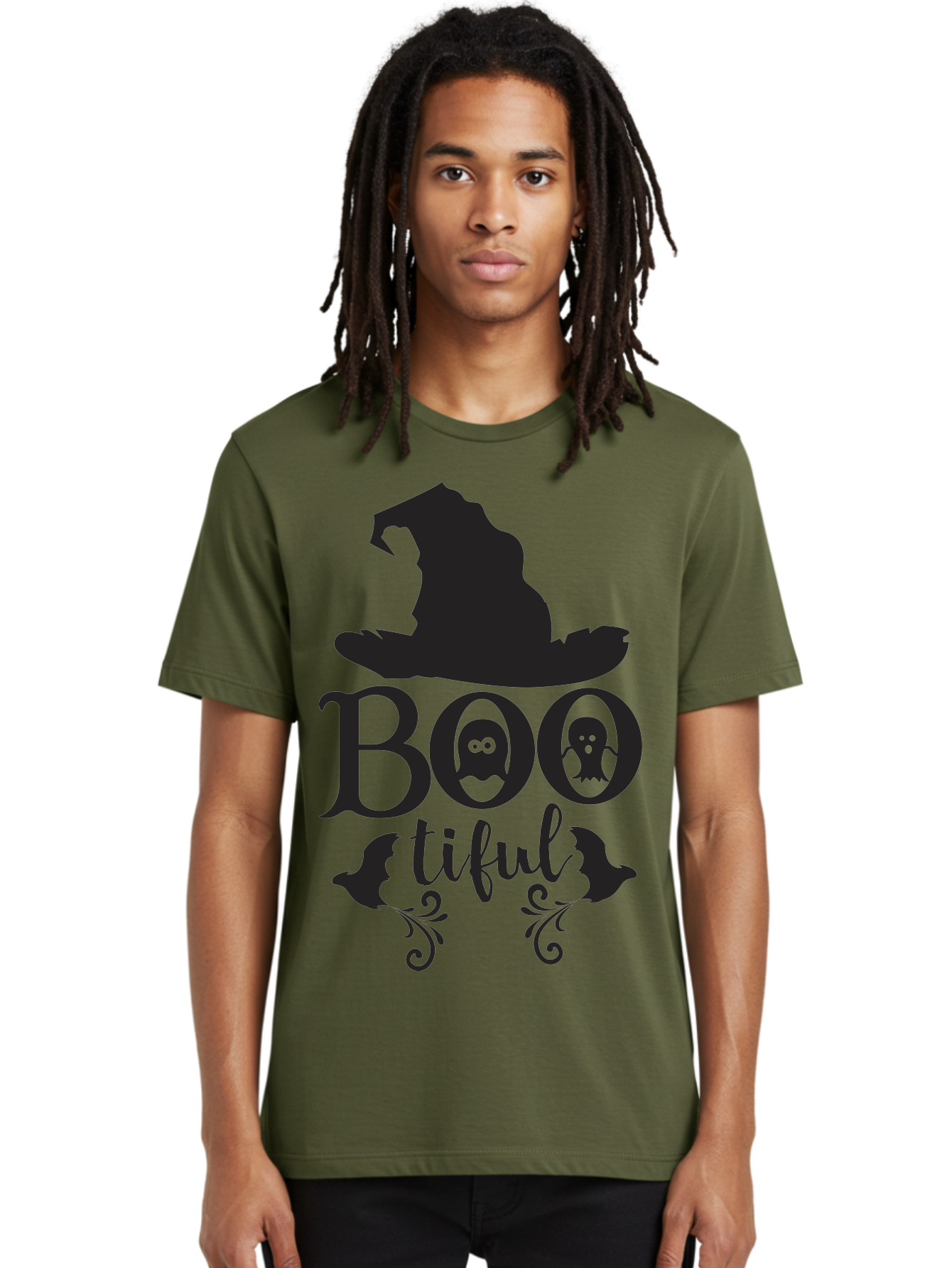 Boo-Tiful Men'S Graphic Tee, 100% Cotton, Comfortable Casual Summer Wear, Machine Washable, Halloween Design, Witch Hat, Ghostly Figures, Boo Tiful, Spooky Decor, Halloween Theme, Gothic Style, Mystical Vibes, Halloween Graphics Aac538