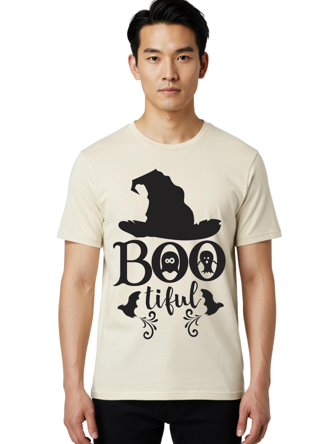 Boo-Tiful Men'S Graphic Tee, 100% Cotton, Comfortable Casual Summer Wear, Machine Washable, Halloween Design, Witch Hat, Ghostly Figures, Boo Tiful, Spooky Decor, Halloween Theme, Gothic Style, Mystical Vibes, Halloween Graphics Aac538