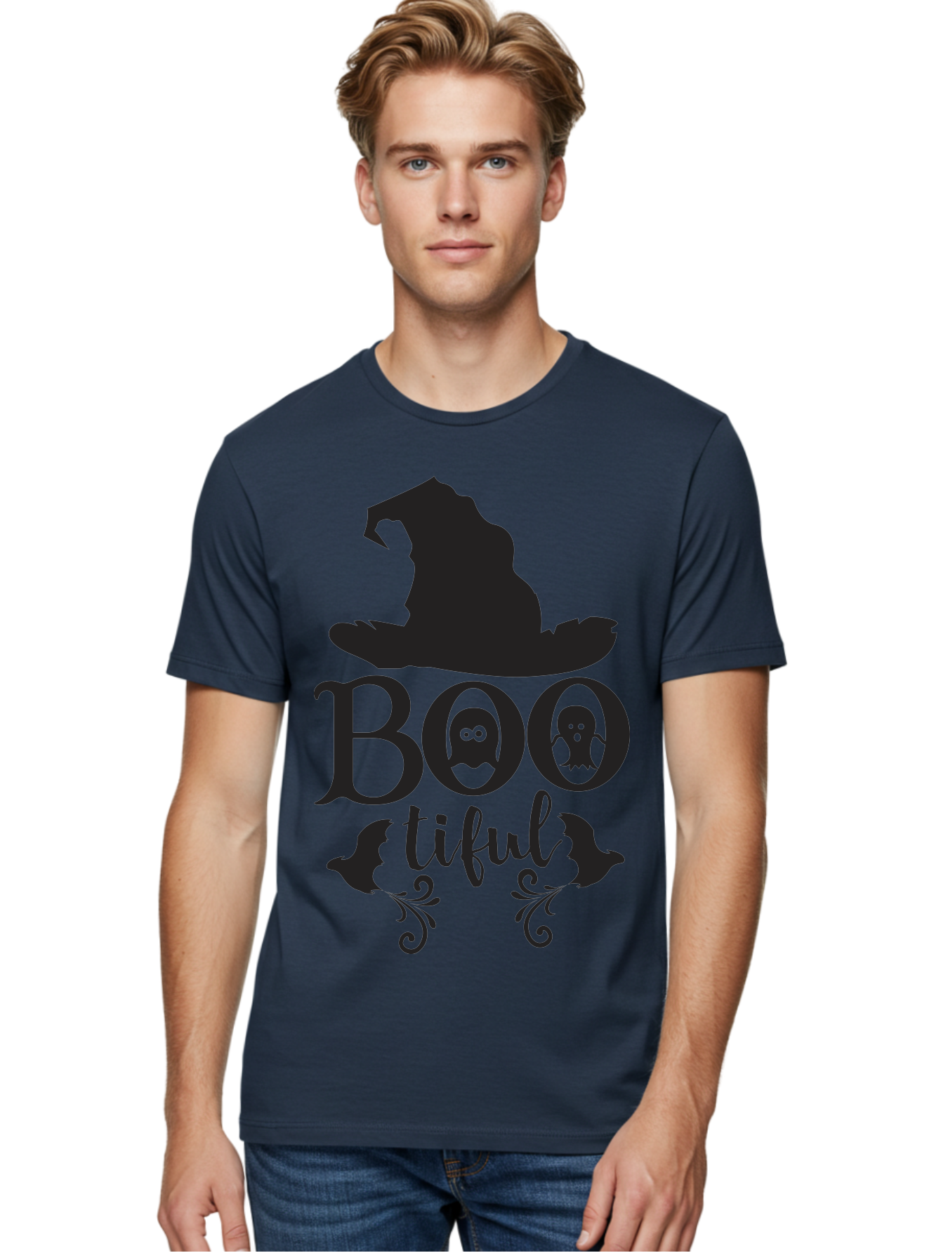 Boo-Tiful Men'S Graphic Tee, 100% Cotton, Comfortable Casual Summer Wear, Machine Washable, Halloween Design, Witch Hat, Ghostly Figures, Boo Tiful, Spooky Decor, Halloween Theme, Gothic Style, Mystical Vibes, Halloween Graphics Aac538
