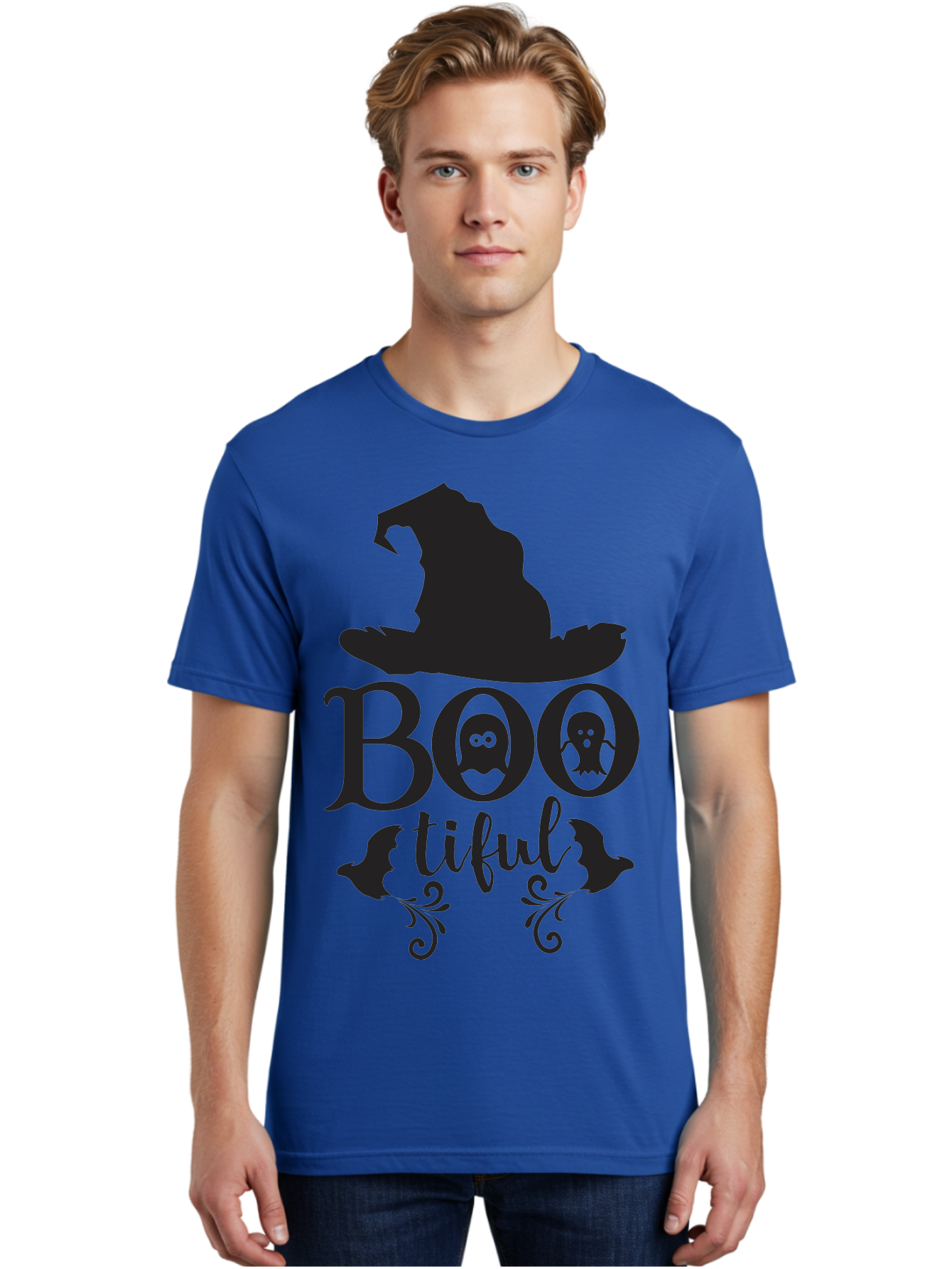 Boo-Tiful Men'S Graphic Tee, 100% Cotton, Comfortable Casual Summer Wear, Machine Washable, Halloween Design, Witch Hat, Ghostly Figures, Boo Tiful, Spooky Decor, Halloween Theme, Gothic Style, Mystical Vibes, Halloween Graphics Aac538