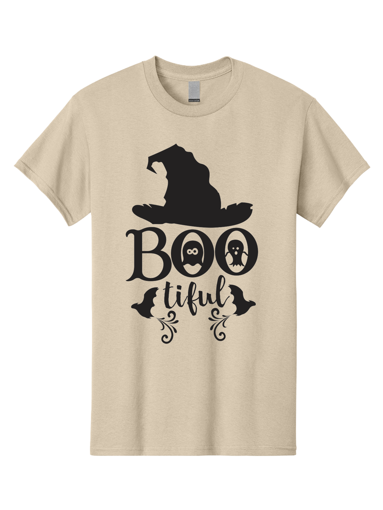 Boo-Tiful Men'S Graphic Tee, 100% Cotton, Comfortable Casual Summer Wear, Machine Washable, Halloween Design, Witch Hat, Ghostly Figures, Boo Tiful, Spooky Decor, Halloween Theme, Gothic Style, Mystical Vibes, Halloween Graphics Aac538