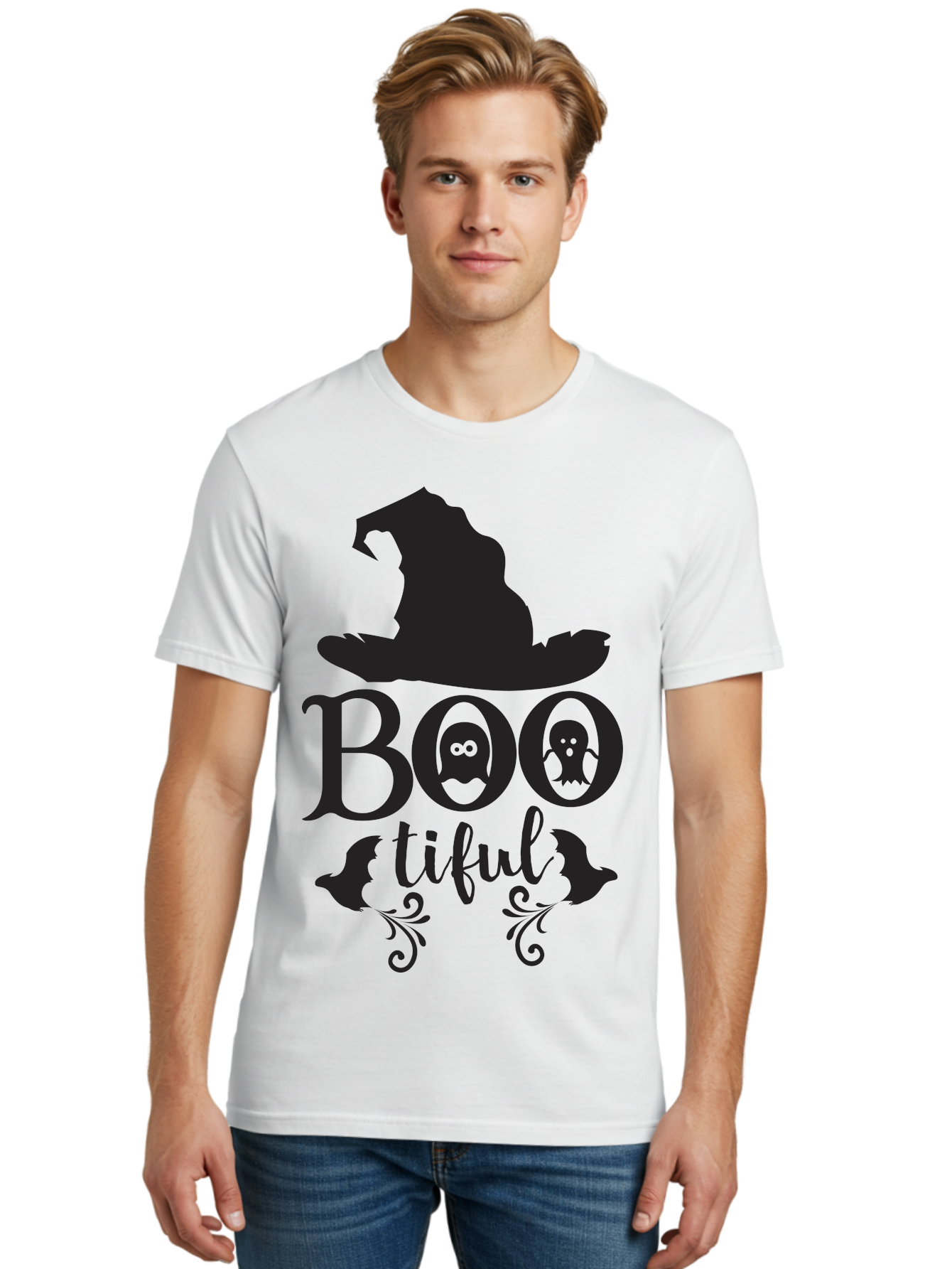 Boo-Tiful Men'S Graphic Tee, 100% Cotton, Comfortable Casual Summer Wear, Machine Washable, Halloween Design, Witch Hat, Ghostly Figures, Boo Tiful, Spooky Decor, Halloween Theme, Gothic Style, Mystical Vibes, Halloween Graphics Aac538