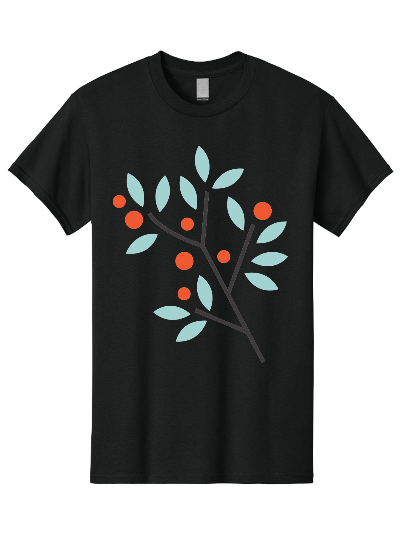 Branch-With-Leaves-And-Berries Men'S Graphic Tee, 100% Cotton, Comfortable Casual Summer Wear, Machine Washable, Simple Branch, Red Berries, Light Blue Leaves, Black Branches, Minimalist Design, Flat Illustration, Nature-Inspired Art, Aac542