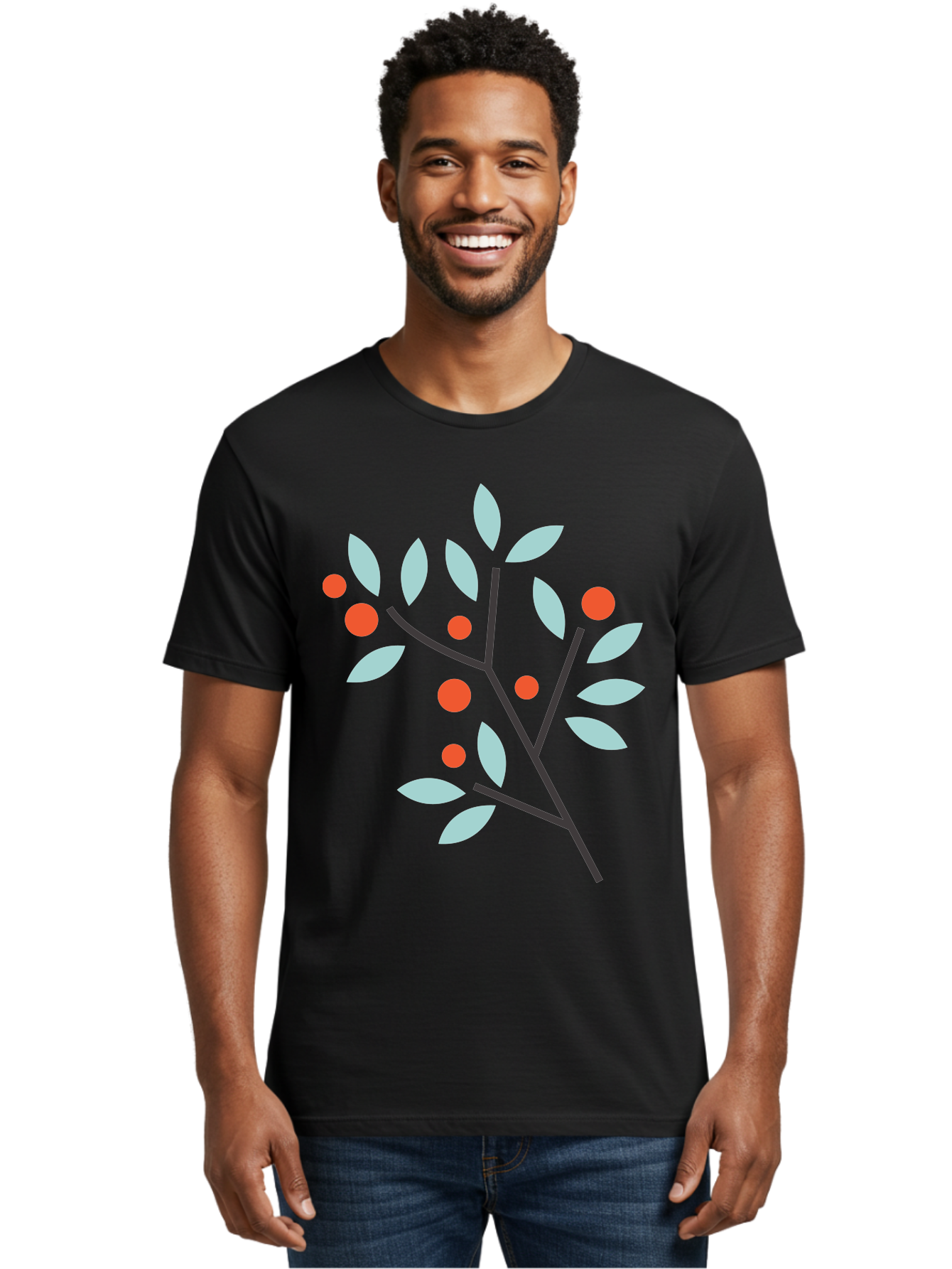 Branch-With-Leaves-And-Berries Men'S Graphic Tee, 100% Cotton, Comfortable Casual Summer Wear, Machine Washable, Simple Branch, Red Berries, Light Blue Leaves, Black Branches, Minimalist Design, Flat Illustration, Nature-Inspired Art, Aac542