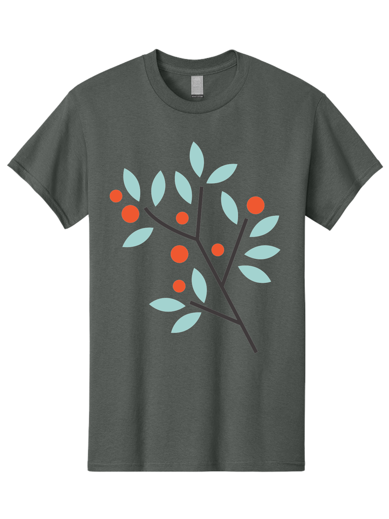 Branch-With-Leaves-And-Berries Men'S Graphic Tee, 100% Cotton, Comfortable Casual Summer Wear, Machine Washable, Simple Branch, Red Berries, Light Blue Leaves, Black Branches, Minimalist Design, Flat Illustration, Nature-Inspired Art, Aac542