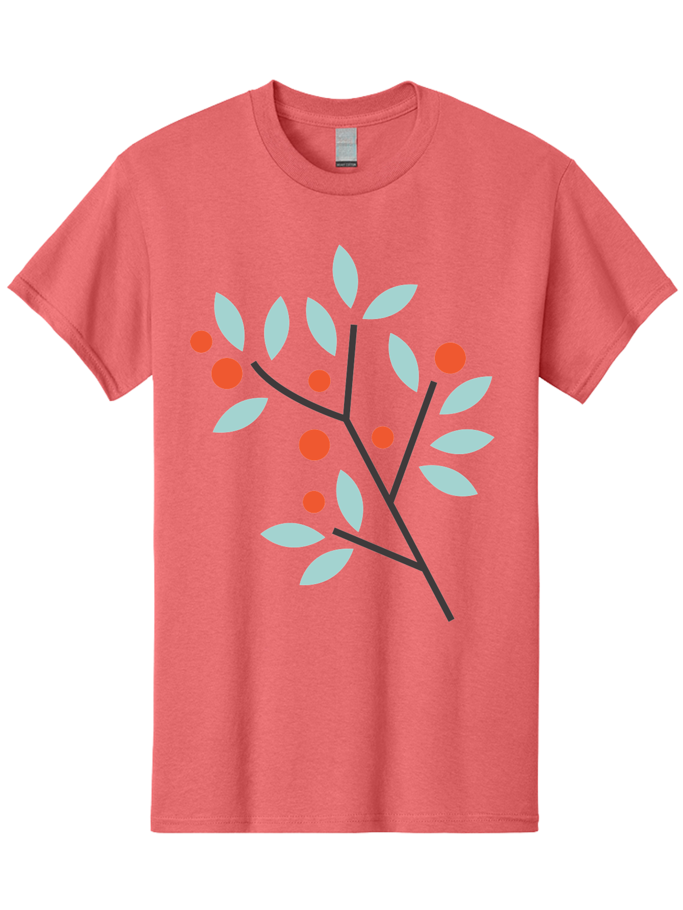 Branch-With-Leaves-And-Berries Men'S Graphic Tee, 100% Cotton, Comfortable Casual Summer Wear, Machine Washable, Simple Branch, Red Berries, Light Blue Leaves, Black Branches, Minimalist Design, Flat Illustration, Nature-Inspired Art, Aac542