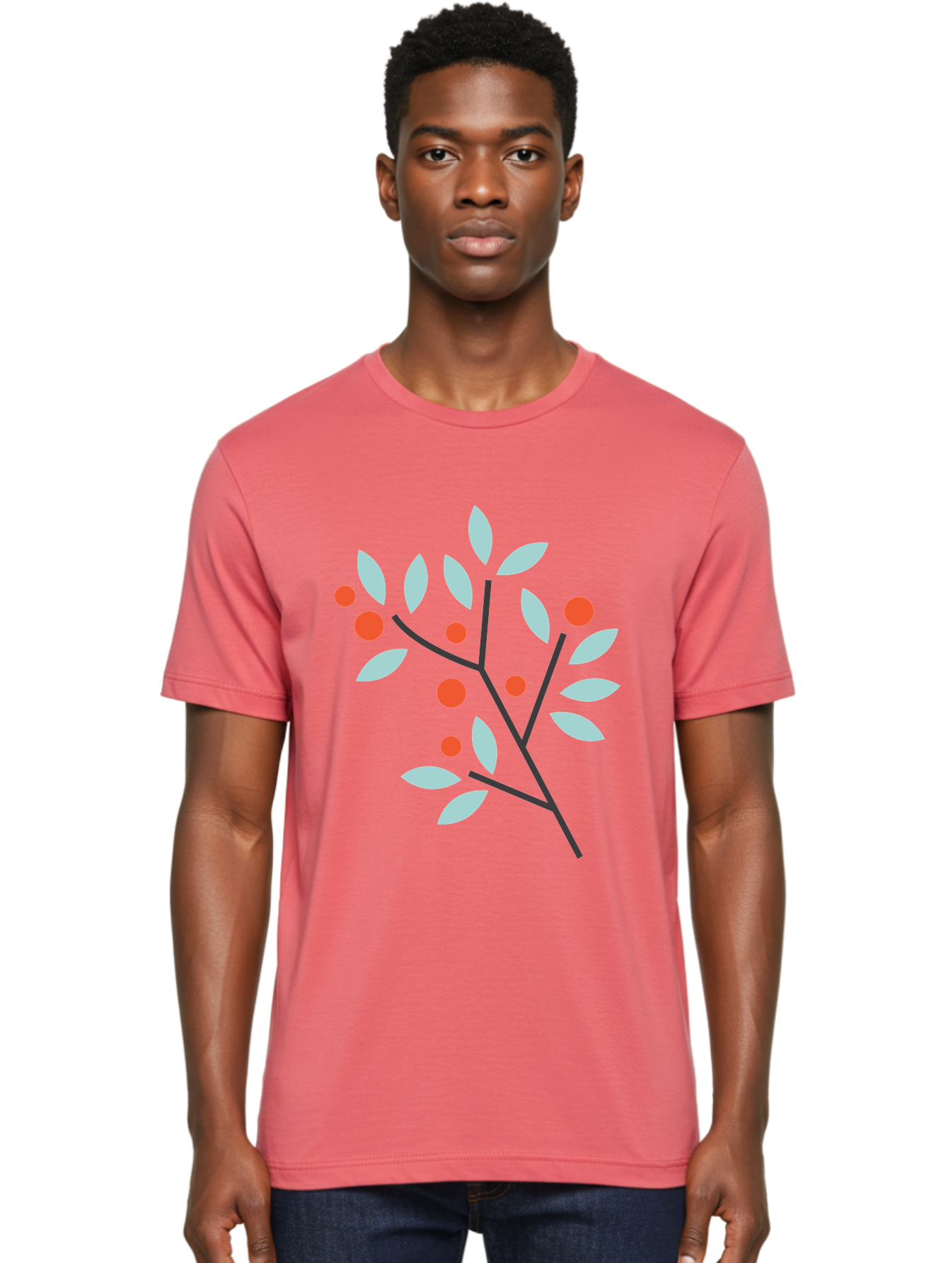 Branch-With-Leaves-And-Berries Men'S Graphic Tee, 100% Cotton, Comfortable Casual Summer Wear, Machine Washable, Simple Branch, Red Berries, Light Blue Leaves, Black Branches, Minimalist Design, Flat Illustration, Nature-Inspired Art, Aac542