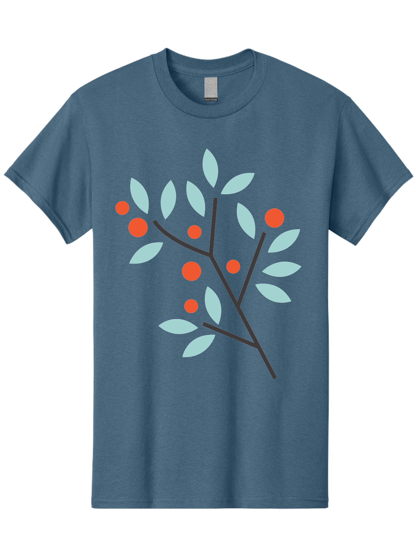 Branch-With-Leaves-And-Berries Men'S Graphic Tee, 100% Cotton, Comfortable Casual Summer Wear, Machine Washable, Simple Branch, Red Berries, Light Blue Leaves, Black Branches, Minimalist Design, Flat Illustration, Nature-Inspired Art, Aac542
