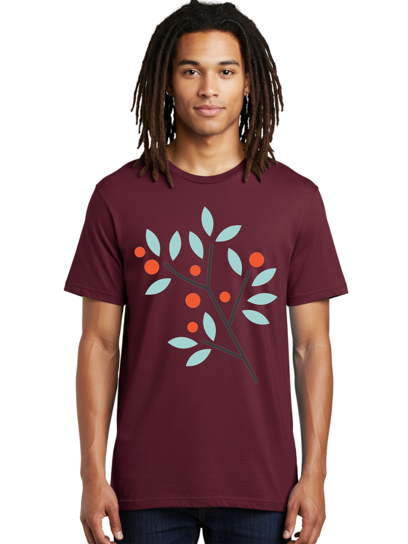 Branch-With-Leaves-And-Berries Men'S Graphic Tee, 100% Cotton, Comfortable Casual Summer Wear, Machine Washable, Simple Branch, Red Berries, Light Blue Leaves, Black Branches, Minimalist Design, Flat Illustration, Nature-Inspired Art, Aac542