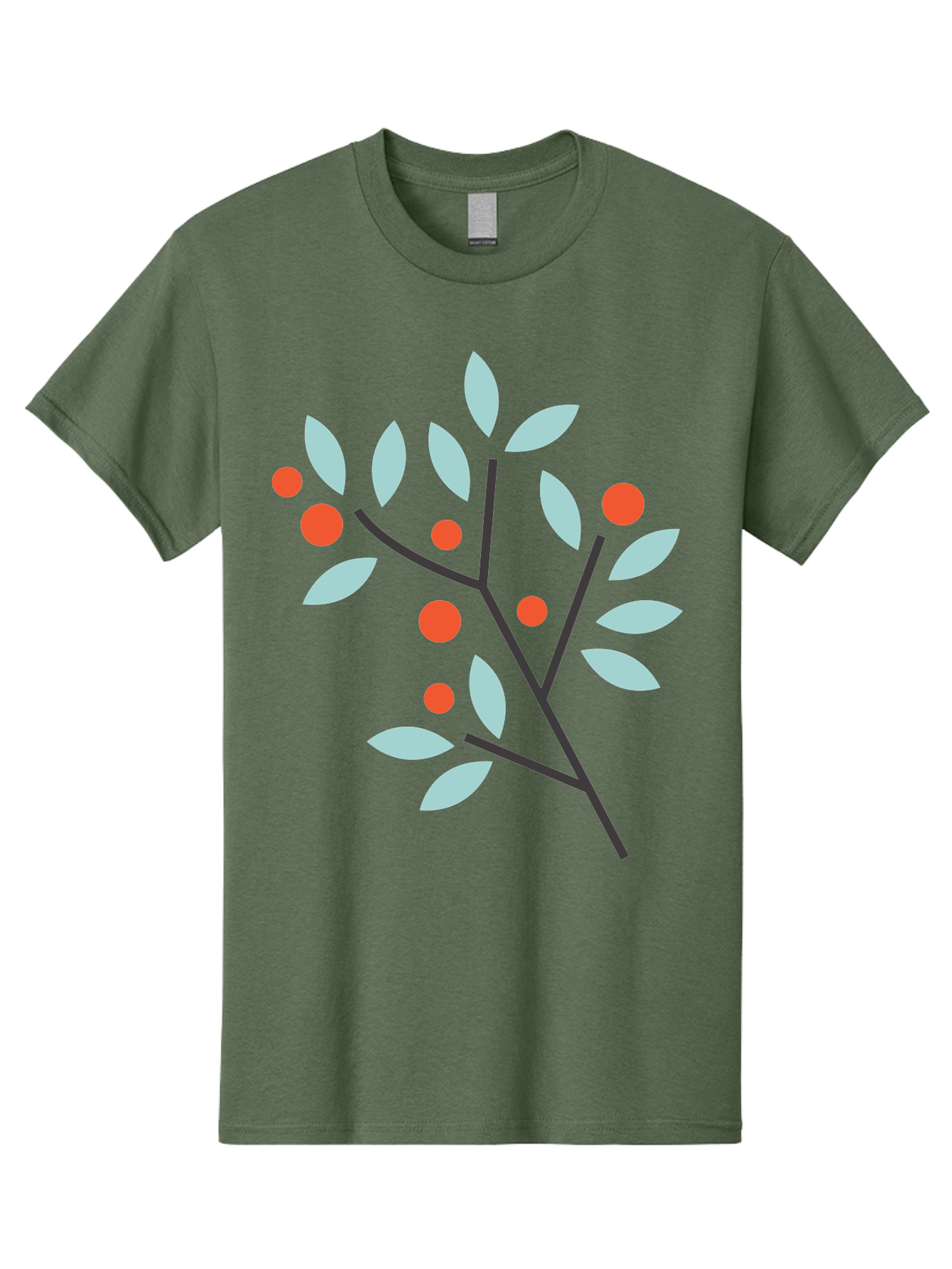 Branch-With-Leaves-And-Berries Men'S Graphic Tee, 100% Cotton, Comfortable Casual Summer Wear, Machine Washable, Simple Branch, Red Berries, Light Blue Leaves, Black Branches, Minimalist Design, Flat Illustration, Nature-Inspired Art, Aac542