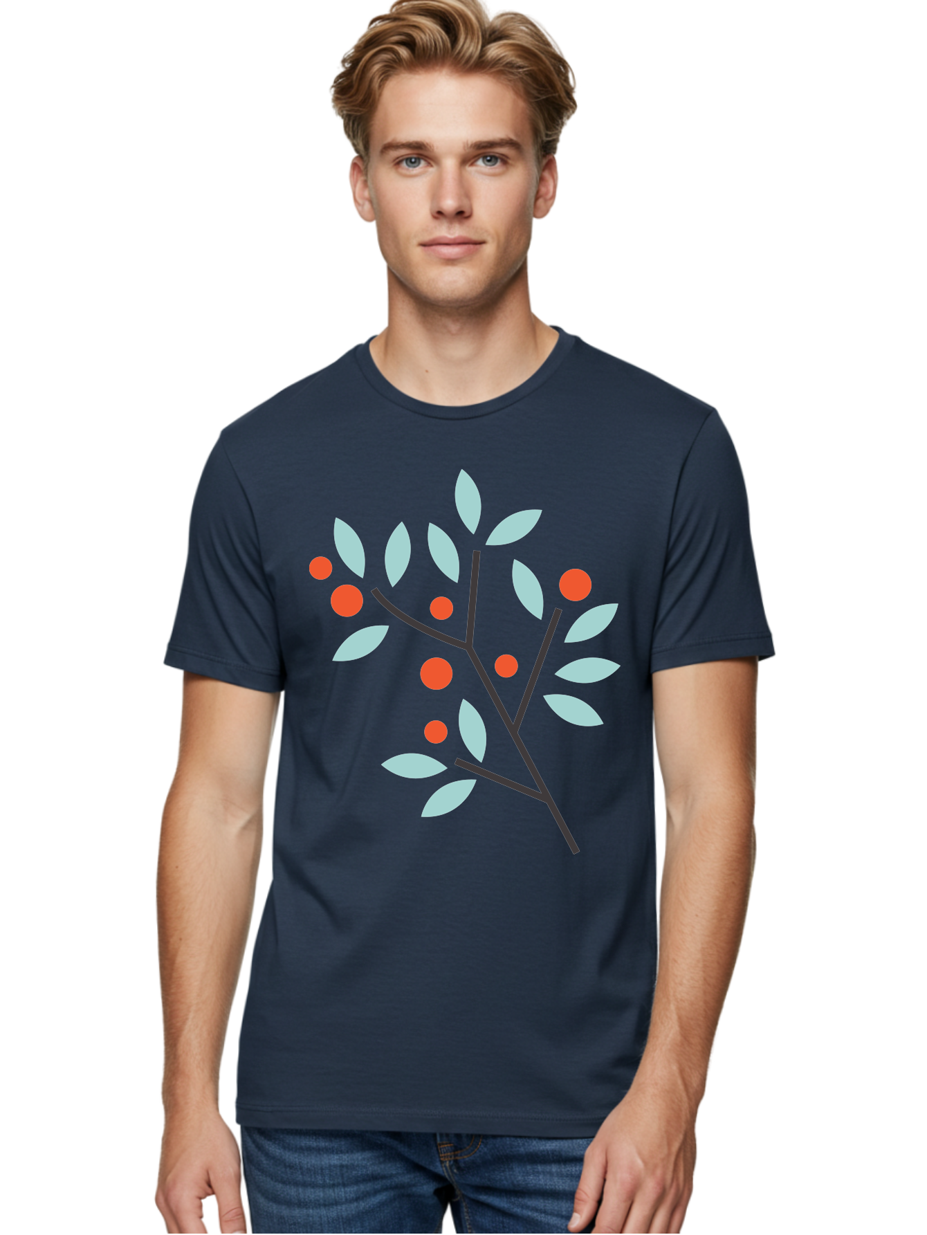 Branch-With-Leaves-And-Berries Men'S Graphic Tee, 100% Cotton, Comfortable Casual Summer Wear, Machine Washable, Simple Branch, Red Berries, Light Blue Leaves, Black Branches, Minimalist Design, Flat Illustration, Nature-Inspired Art, Aac542