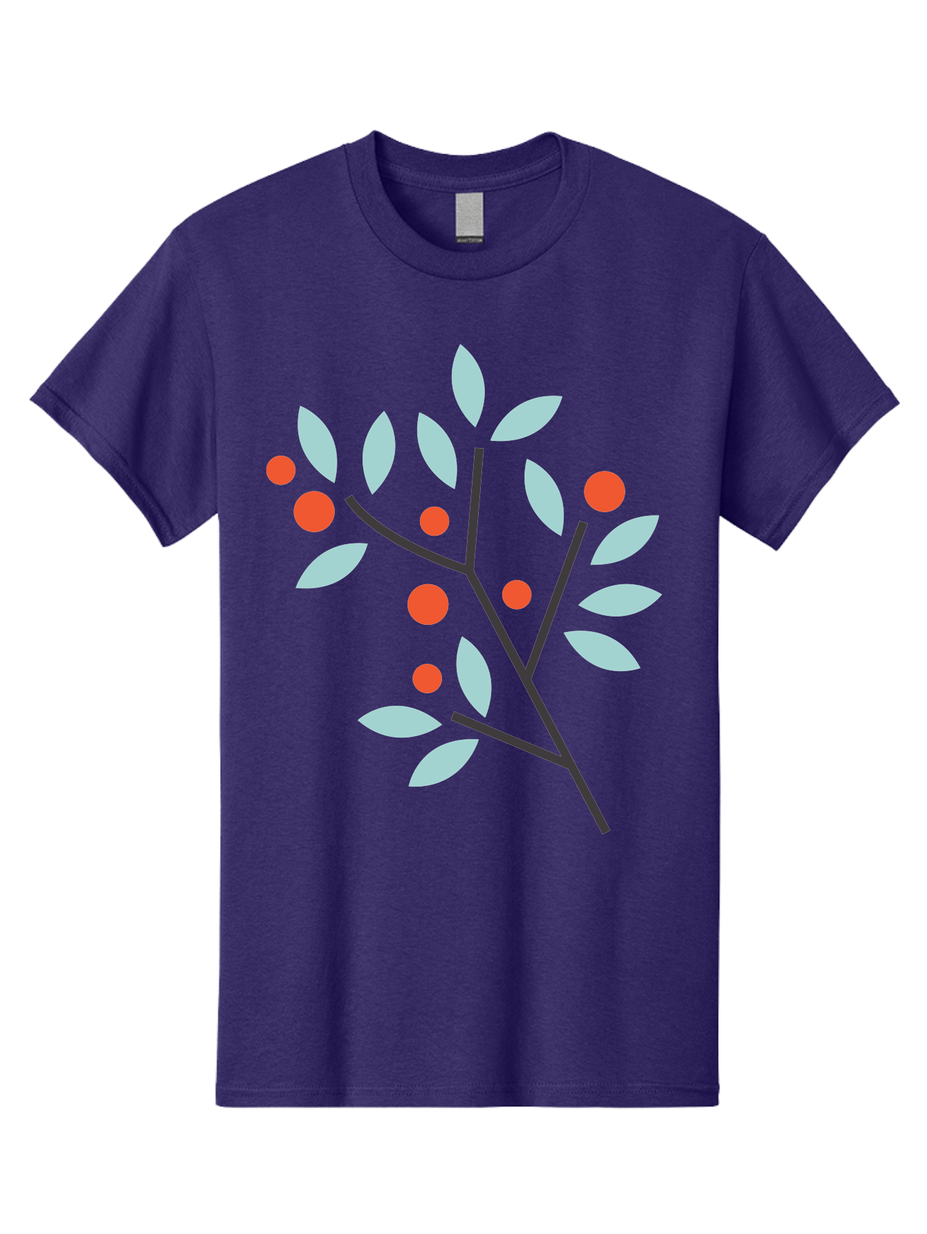 Branch-With-Leaves-And-Berries Men'S Graphic Tee, 100% Cotton, Comfortable Casual Summer Wear, Machine Washable, Simple Branch, Red Berries, Light Blue Leaves, Black Branches, Minimalist Design, Flat Illustration, Nature-Inspired Art, Aac542