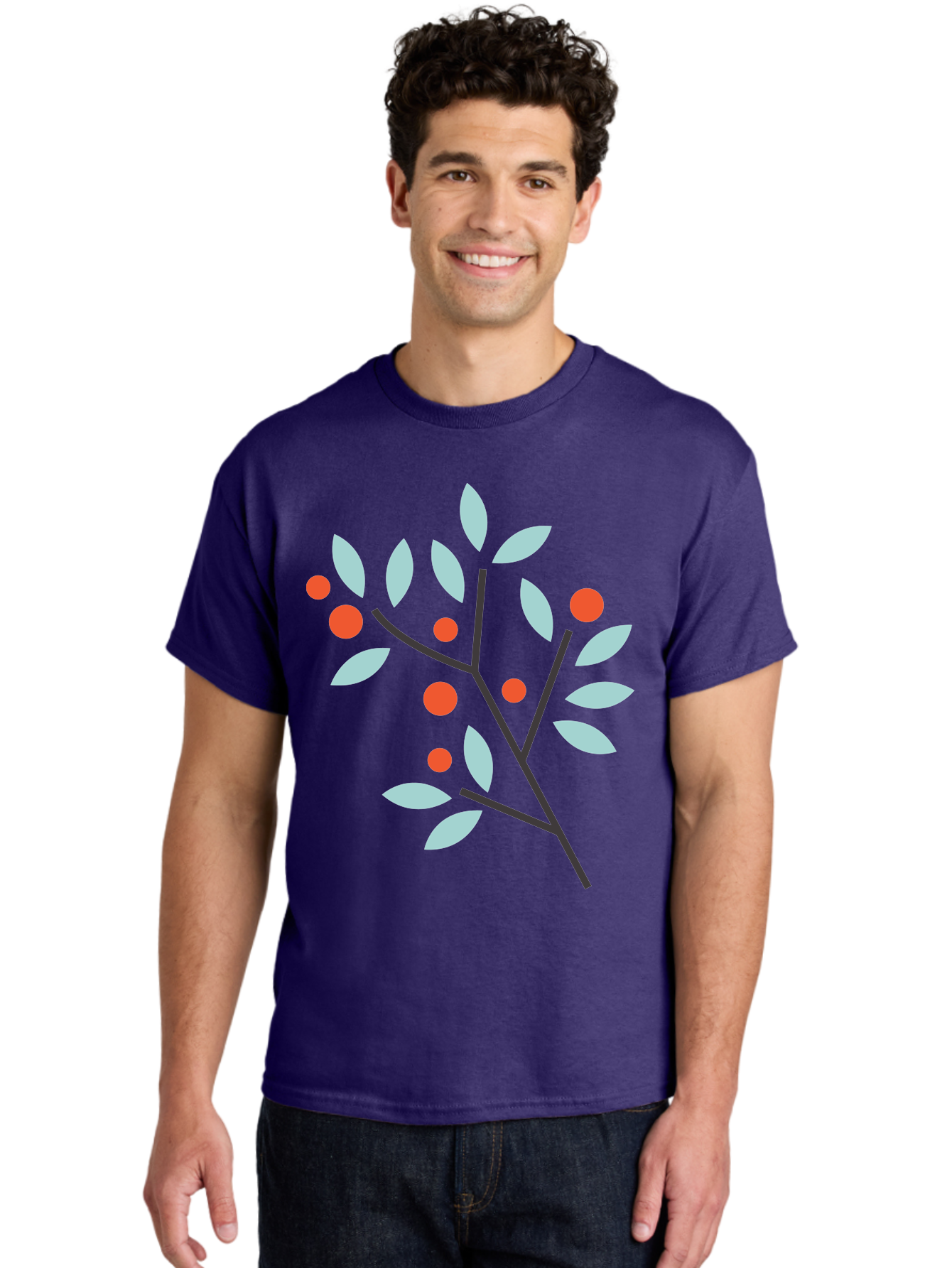 Branch-With-Leaves-And-Berries Men'S Graphic Tee, 100% Cotton, Comfortable Casual Summer Wear, Machine Washable, Simple Branch, Red Berries, Light Blue Leaves, Black Branches, Minimalist Design, Flat Illustration, Nature-Inspired Art, Aac542