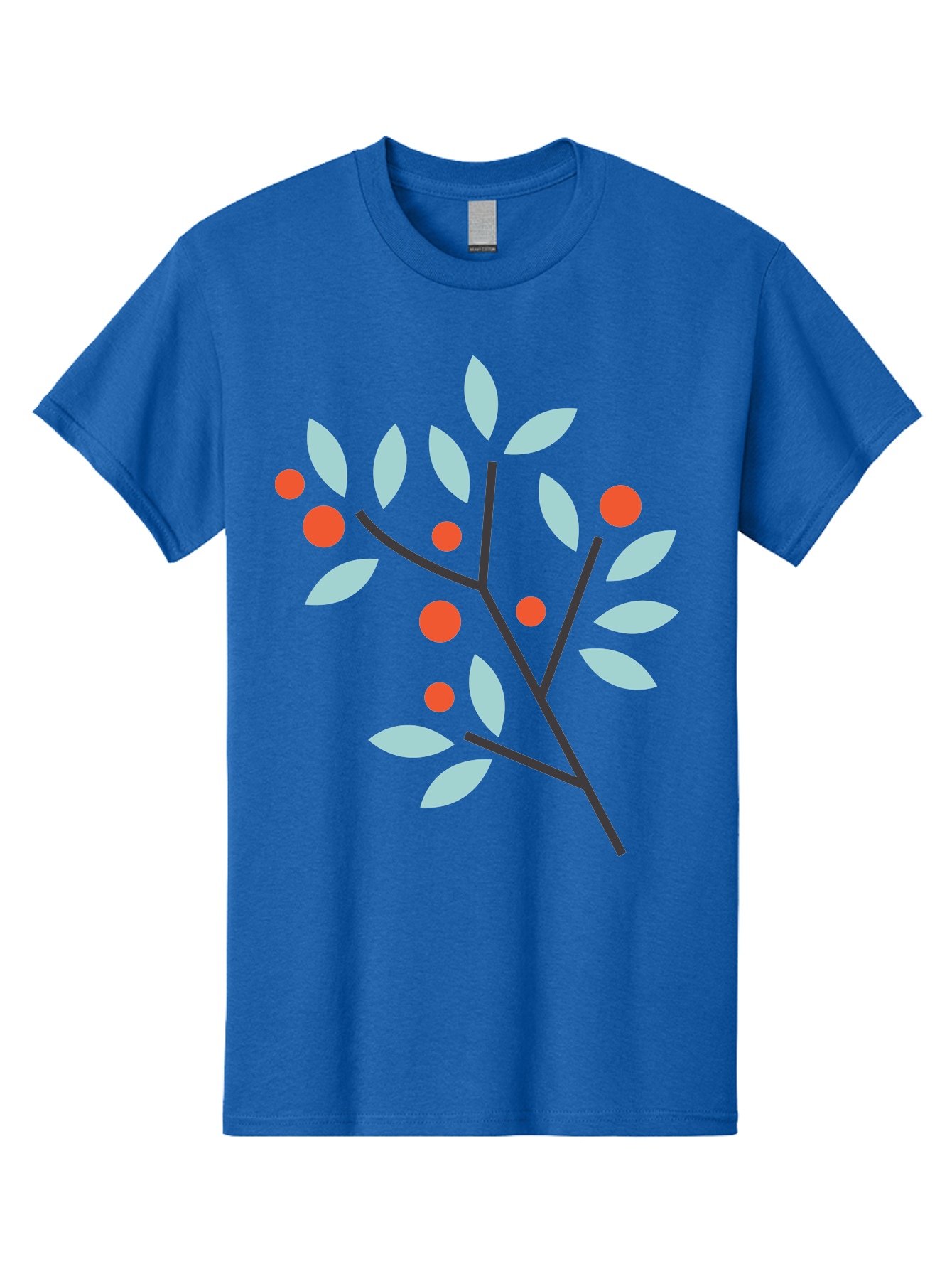 Branch-With-Leaves-And-Berries Men'S Graphic Tee, 100% Cotton, Comfortable Casual Summer Wear, Machine Washable, Simple Branch, Red Berries, Light Blue Leaves, Black Branches, Minimalist Design, Flat Illustration, Nature-Inspired Art, Aac542