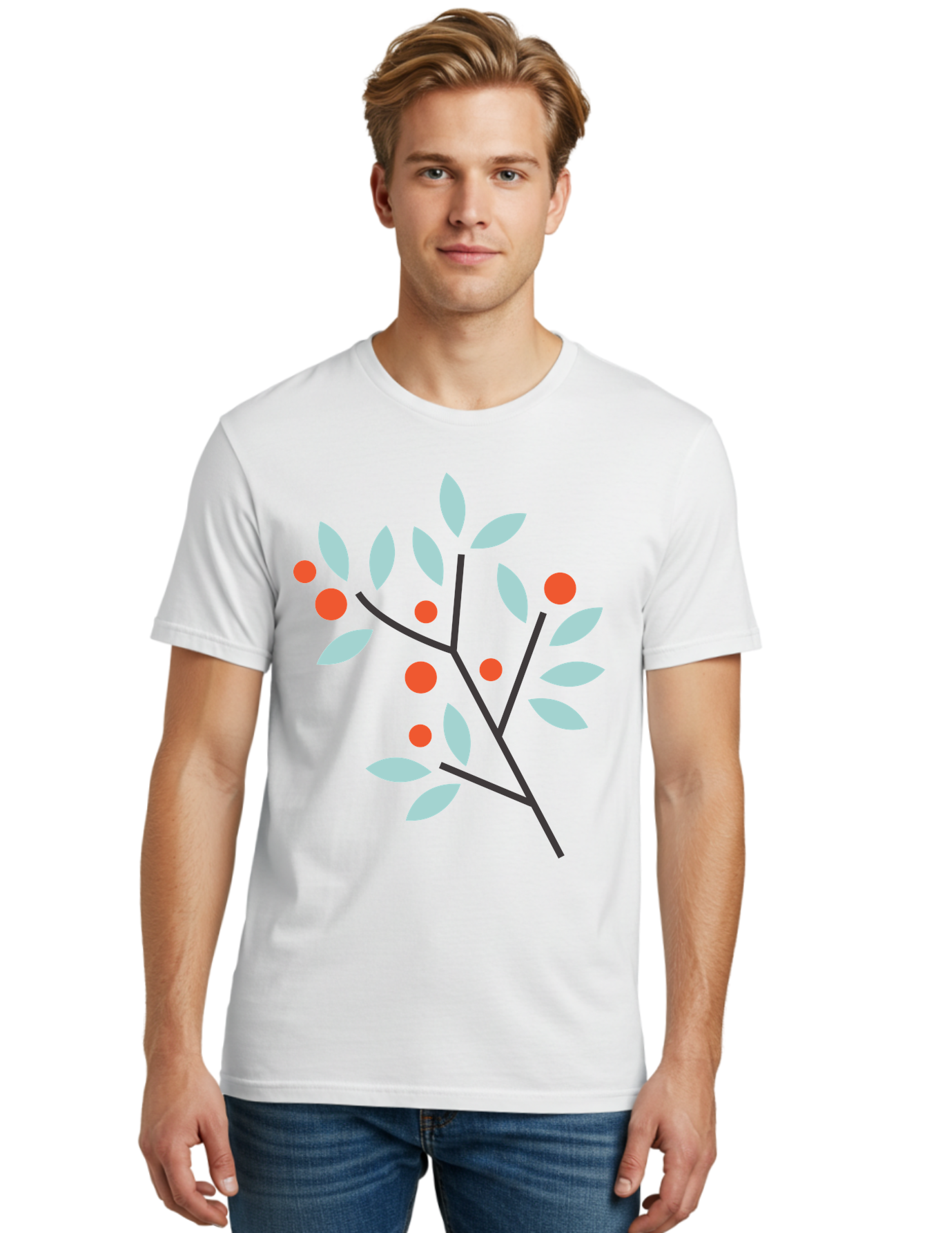 Branch-With-Leaves-And-Berries Men'S Graphic Tee, 100% Cotton, Comfortable Casual Summer Wear, Machine Washable, Simple Branch, Red Berries, Light Blue Leaves, Black Branches, Minimalist Design, Flat Illustration, Nature-Inspired Art, Aac542