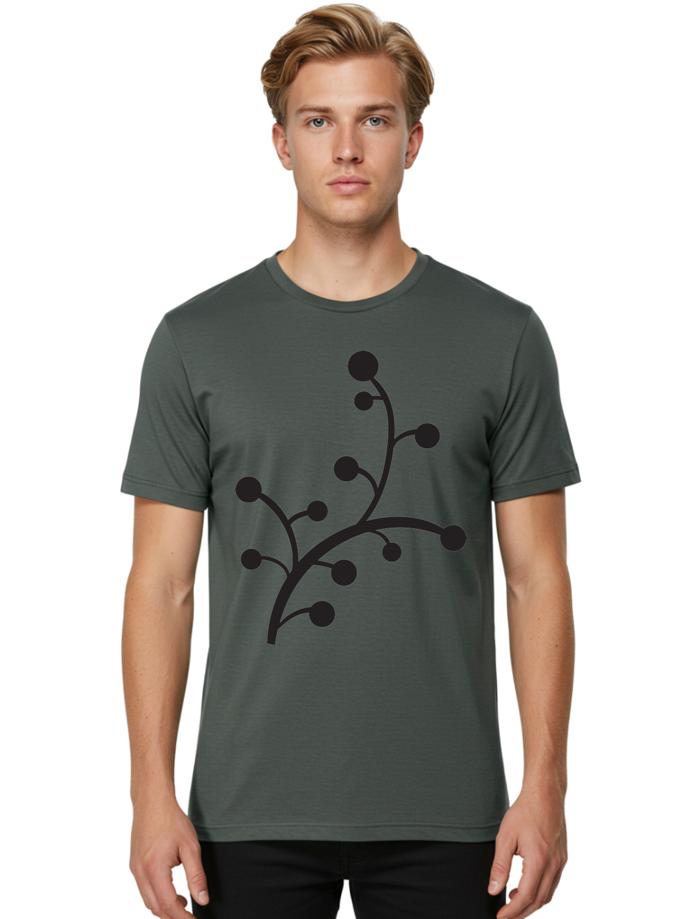 Branched-Stem Men'S Graphic Tee, 100% Cotton, Comfortable Casual Summer Wear, Machine Washable, Mistletoe Silhouette, Minimalist Design, Black And Green Color Scheme, Festive Decor, Holiday Icon, Christmas Symbol, Simple Graphics, Aac543